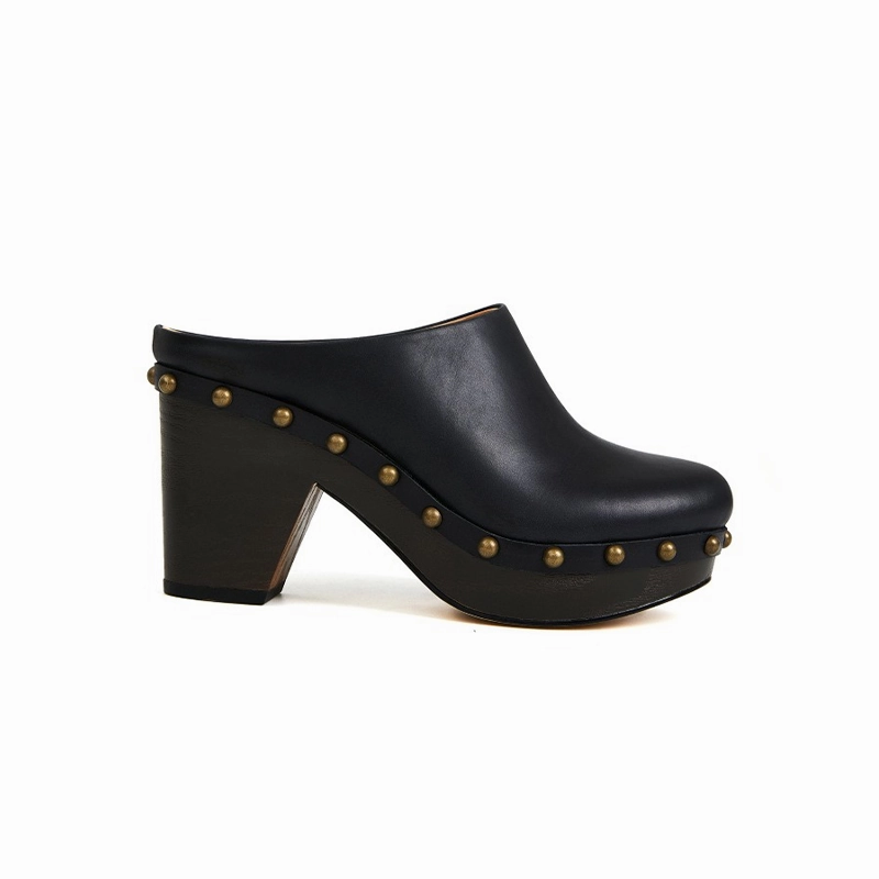 Deep Shade Claudia Retro Black Mule Clog Boots with Metal Studs