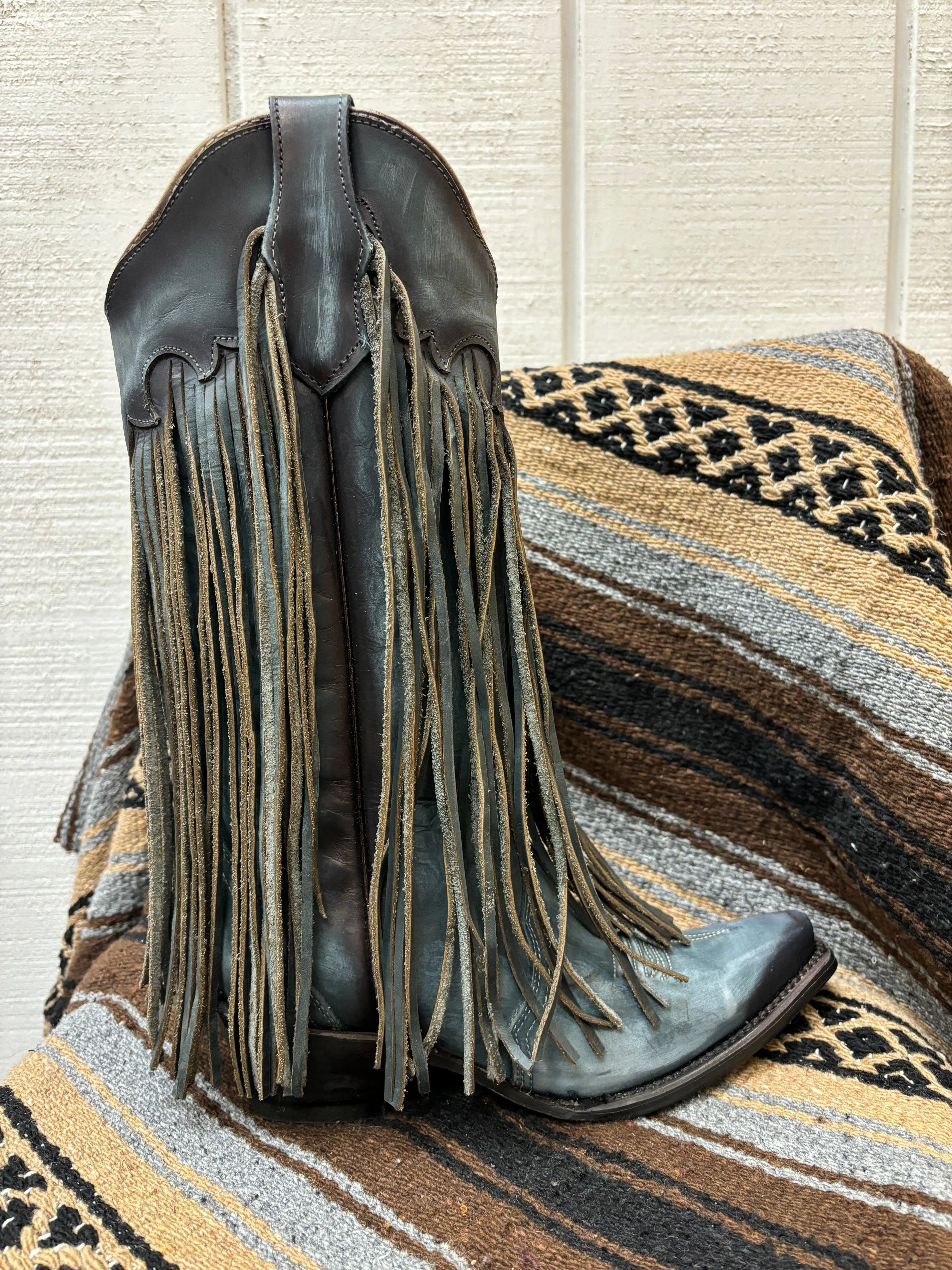 Circle G Women's Blue Leather Fringe Snip Toe Cowgirl Boots L6074 Polyester