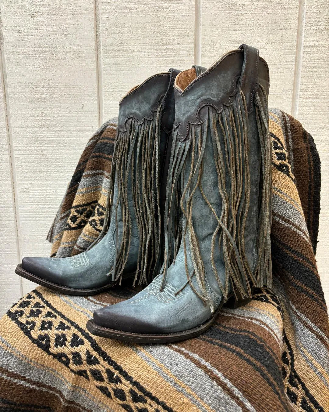 Circle G Women's Blue Leather Fringe Snip Toe Cowgirl Boots L6074 Comfortable Support