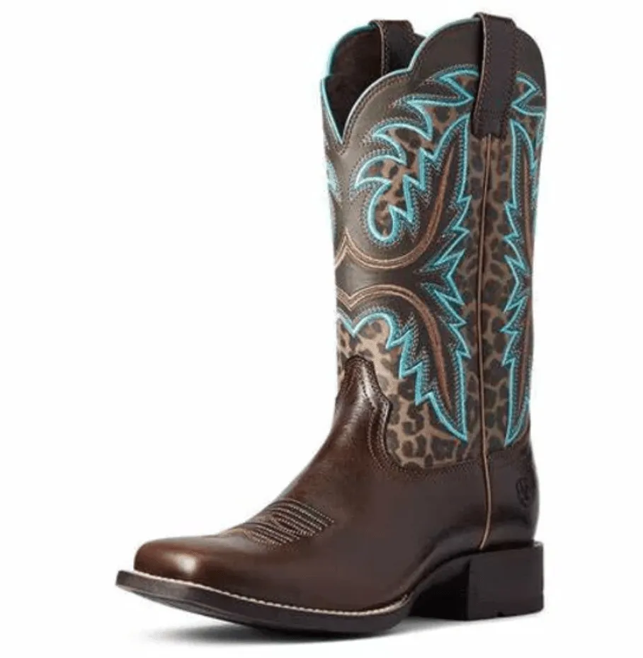 impact-resistant Ariat Women's Chocolate and Leopard Print Shock Shield Wide Square Toe Cowgirl Boots 10038276