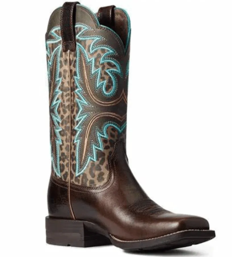 Ariat Women's Chocolate and Leopard Print Shock Shield Wide Square Toe Cowgirl Boots 10038276 Weekend Adventure Comfortable Style