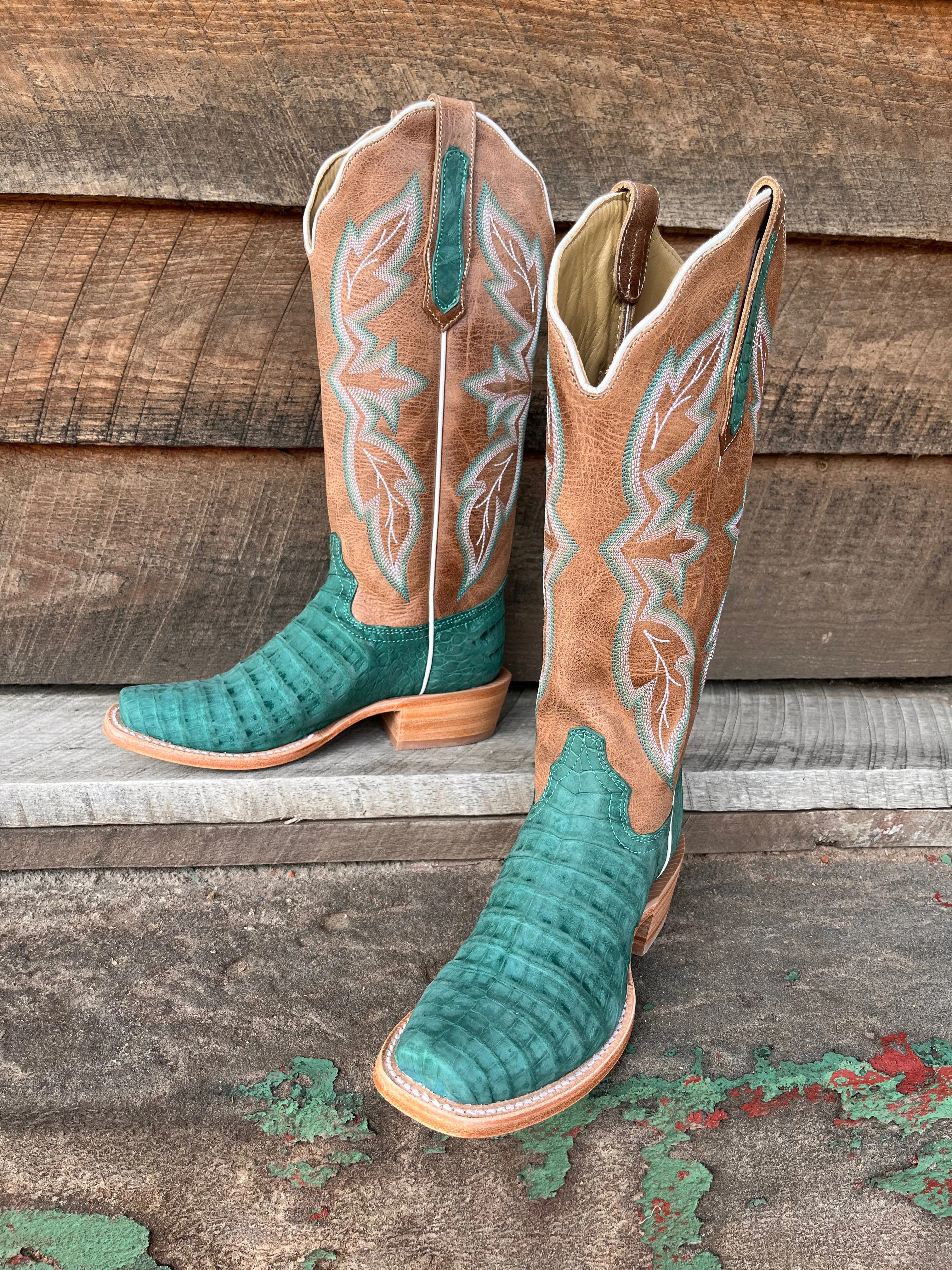 R. Watson Women's Nubuck Turquoise Caiman Belly Narrow Square Toe Cowgirl Boots RWL2011-1 Neutral Pair