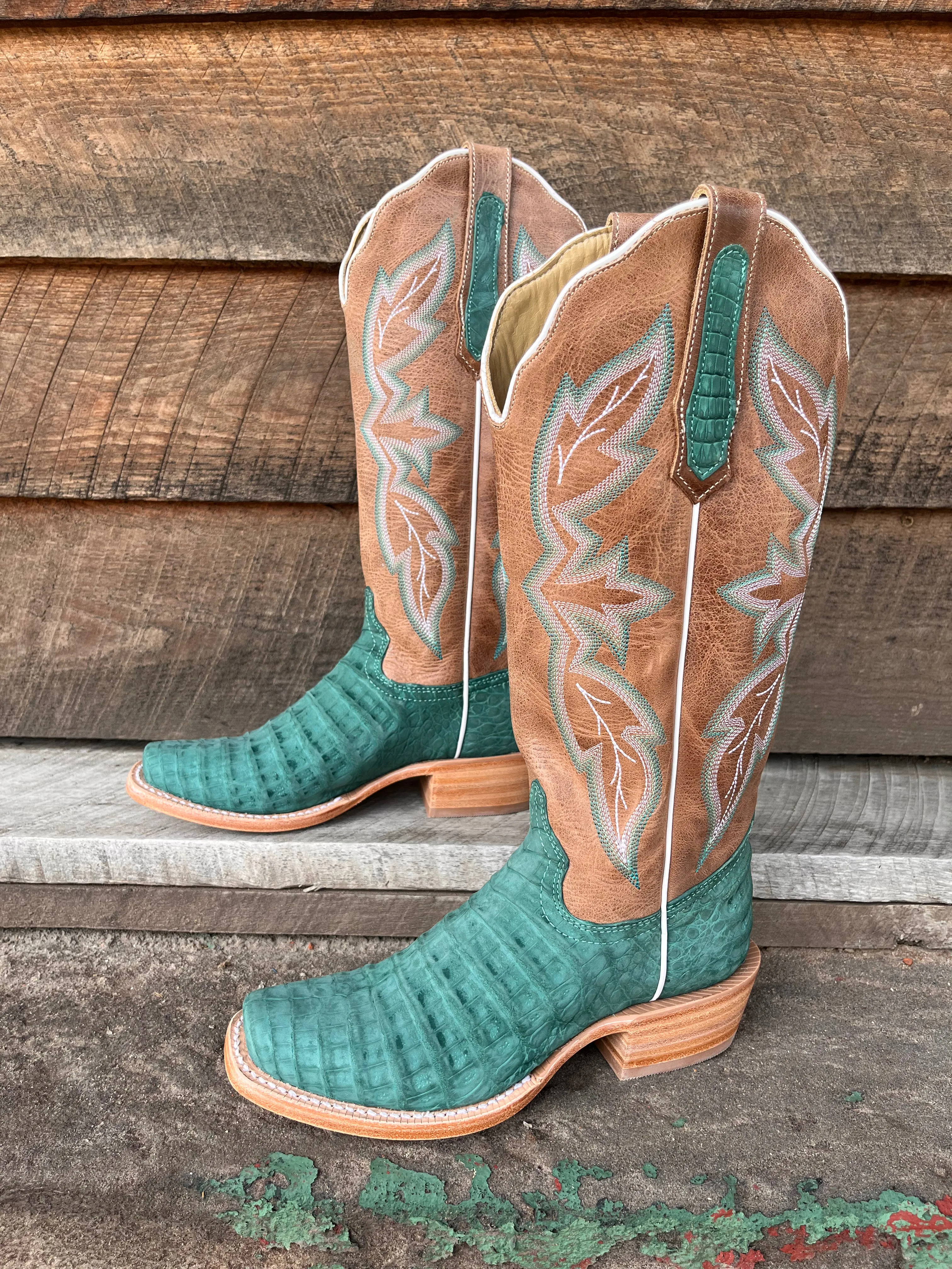 R. Watson Women's Nubuck Turquoise Caiman Belly Narrow Square Toe Cowgirl Boots RWL2011-1 Hard Terrain