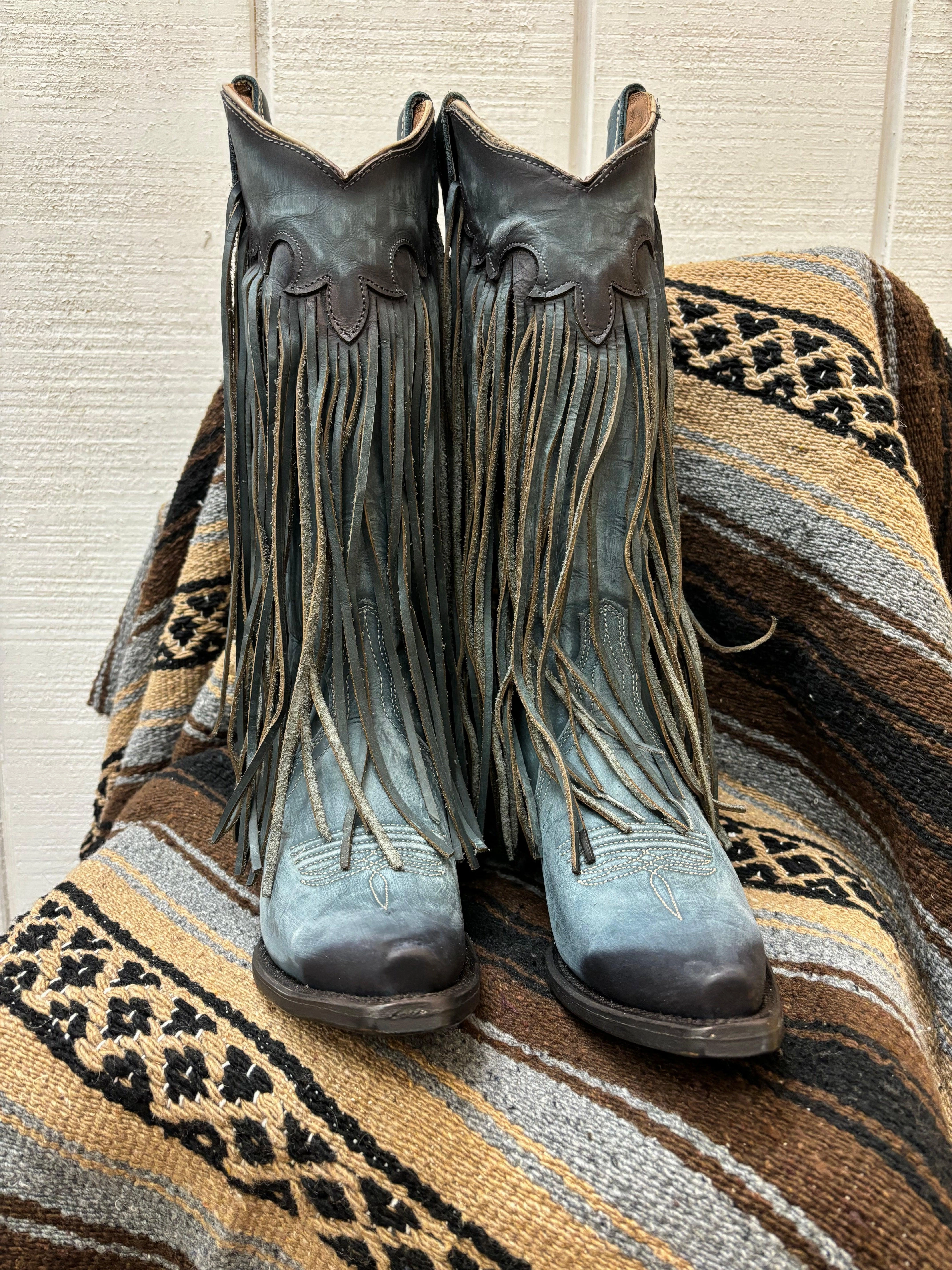 Circle G Women's Blue Leather Fringe Snip Toe Cowgirl Boots L6074 Heel Support