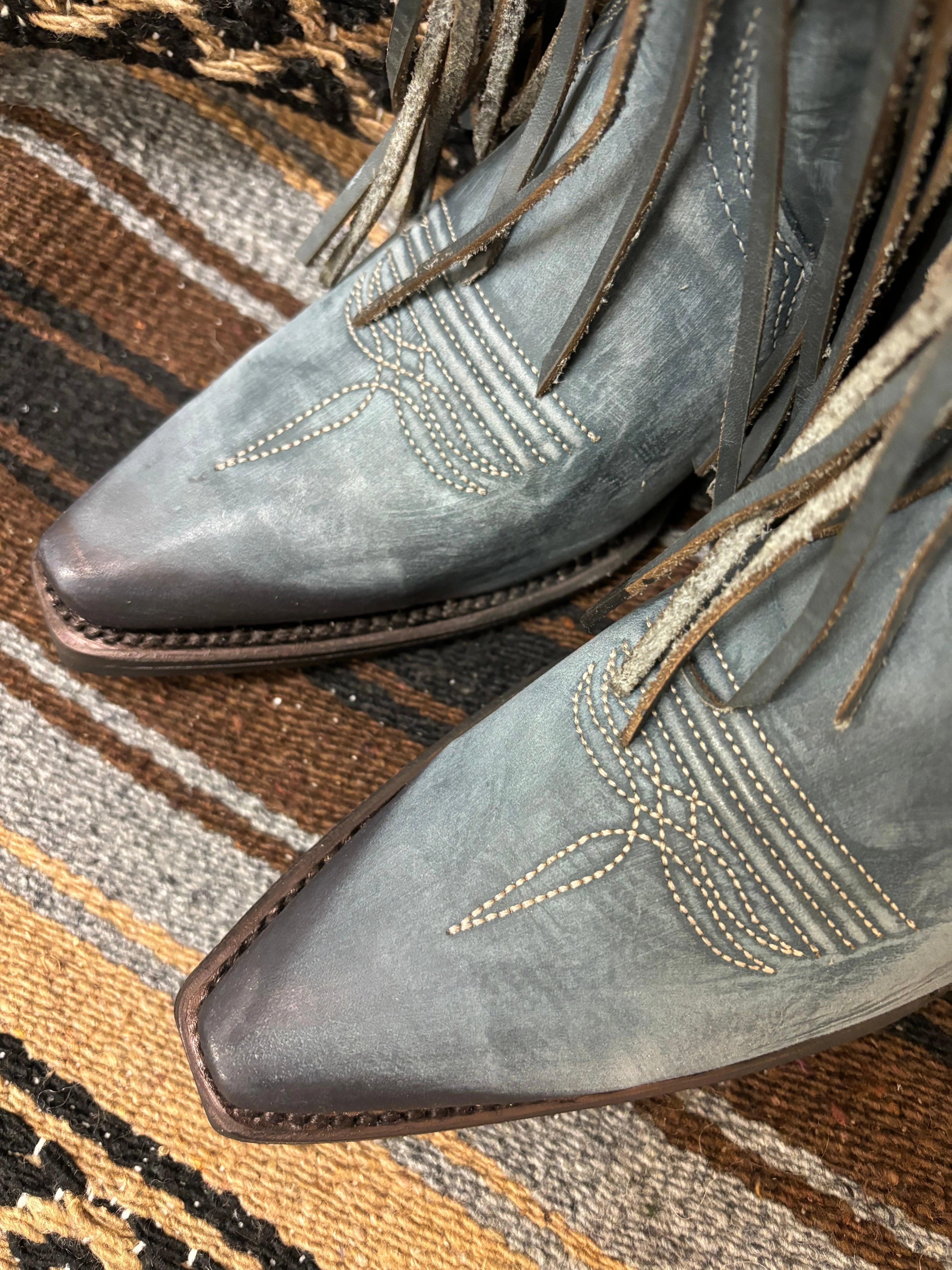 Surfer Quick Wear Circle G Women's Blue Leather Fringe Snip Toe Cowgirl Boots L6074