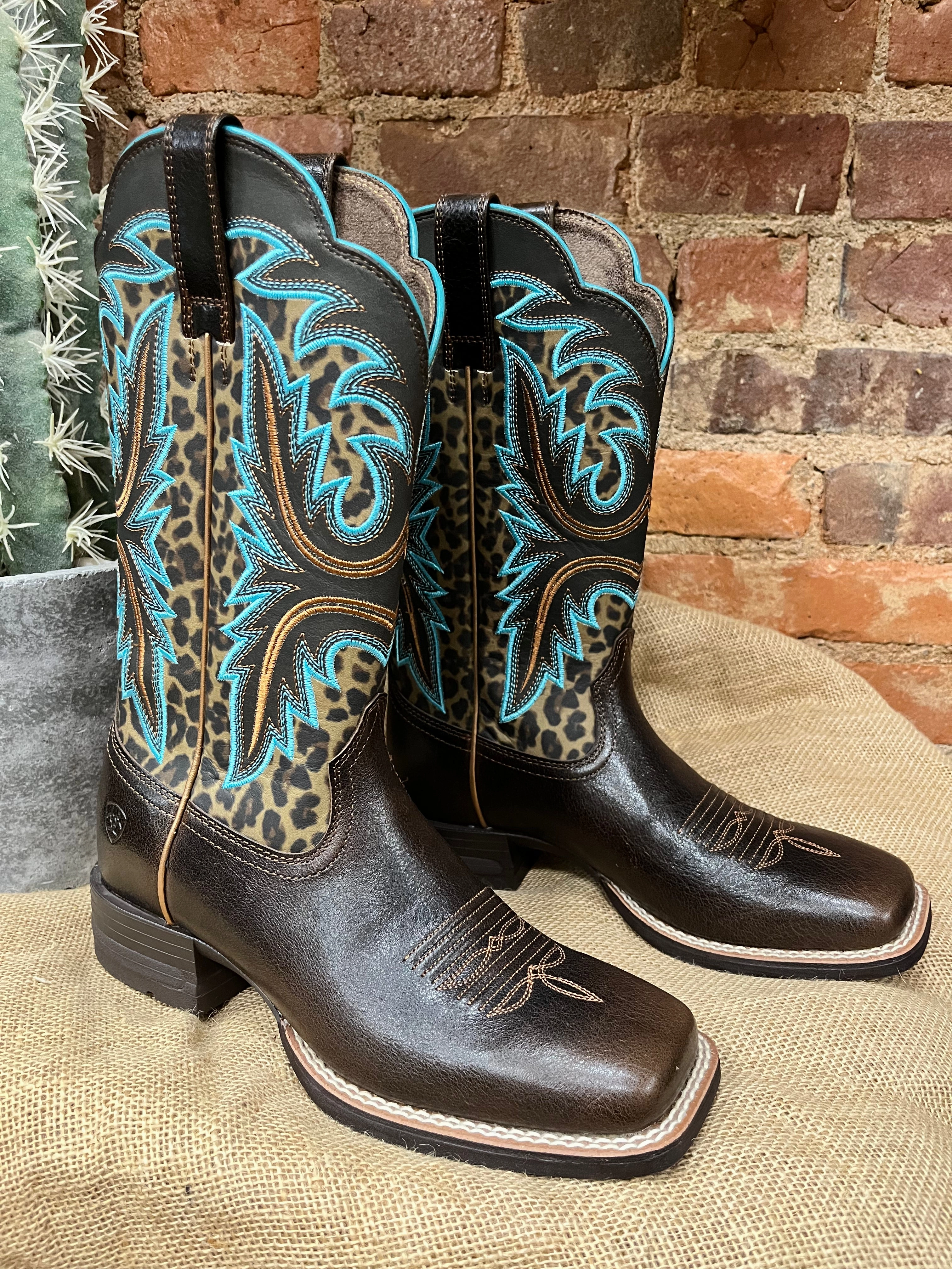 Ariat Women's Chocolate and Leopard Print Shock Shield Wide Square Toe Cowgirl Boots 10038276 pack light Outback Travel