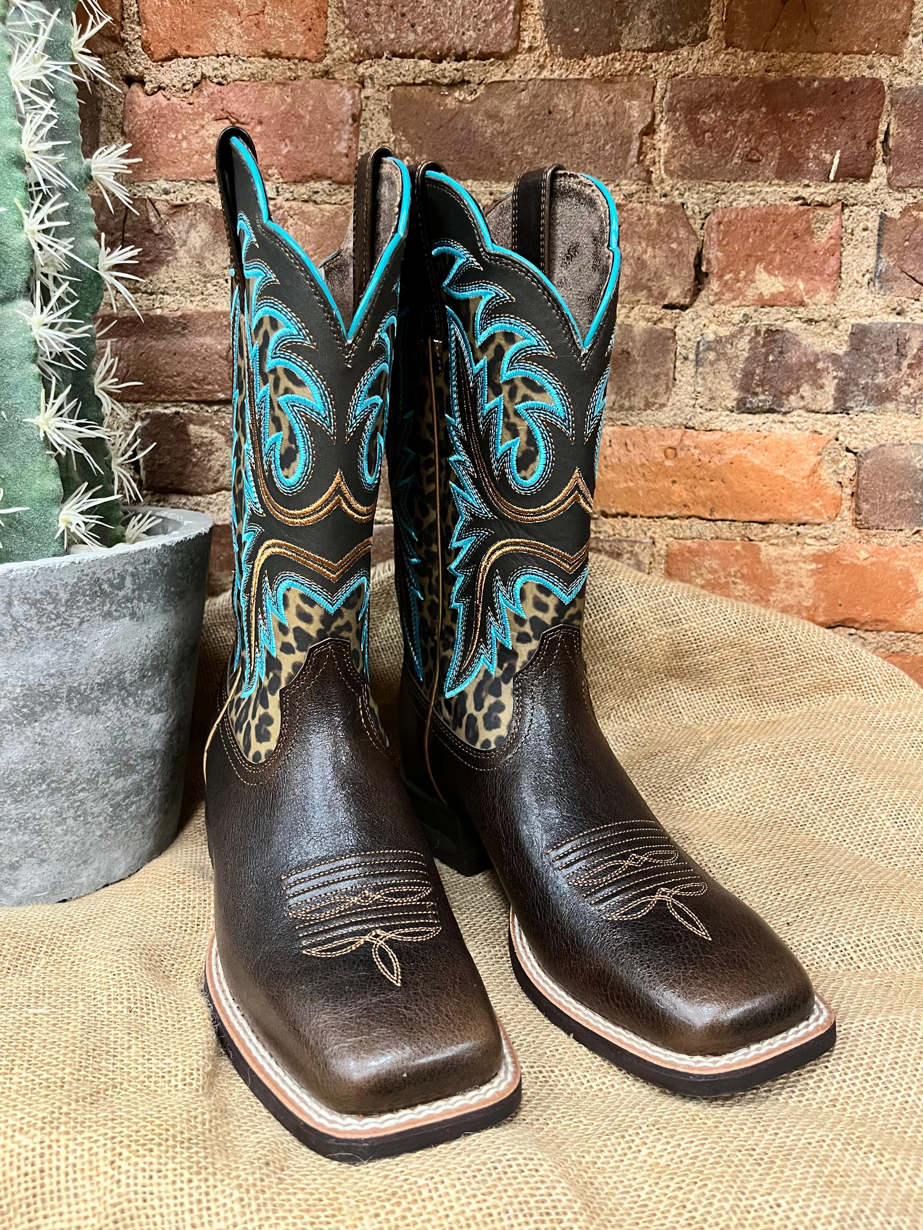 Ariat Women's Chocolate and Leopard Print Shock Shield Wide Square Toe Cowgirl Boots 10038276 Waterproof Function Day Hike