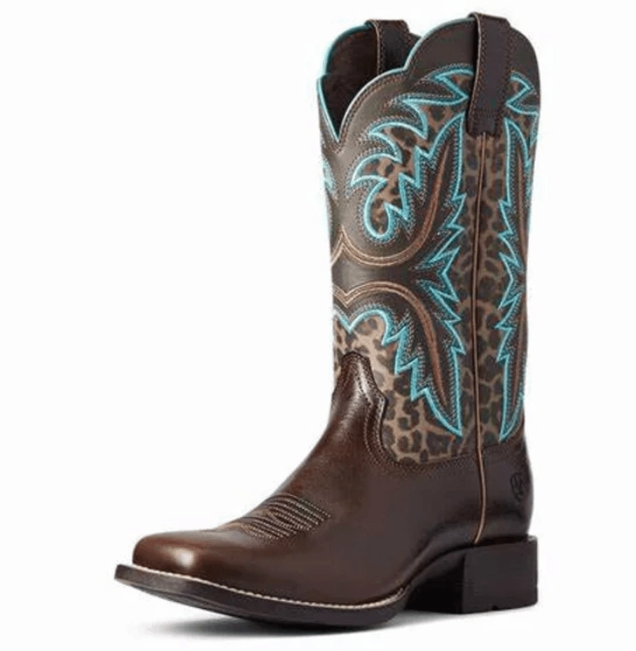 impact-resistant Ariat Women's Chocolate and Leopard Print Shock Shield Wide Square Toe Cowgirl Boots 10038276