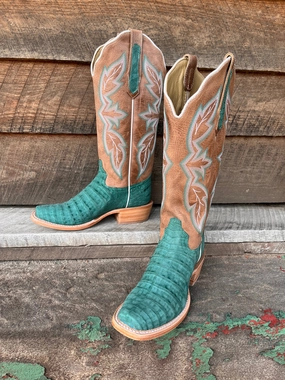 R. Watson Women's Nubuck Turquoise Caiman Belly Narrow Square Toe Cowgirl Boots RWL2011-1 Comfortable bend
