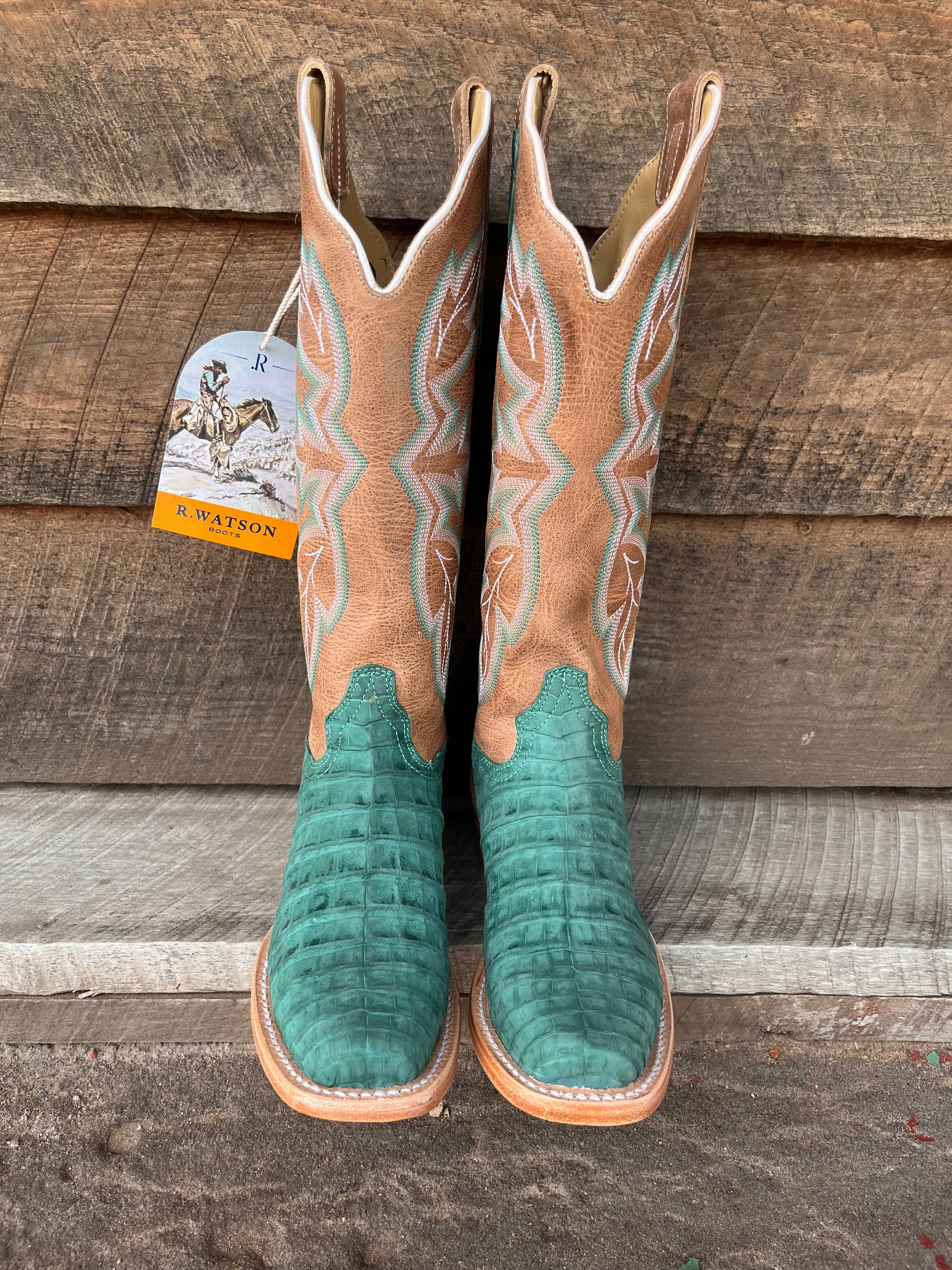 R. Watson Women's Nubuck Turquoise Caiman Belly Narrow Square Toe Cowgirl Boots RWL2011-1 chemical-resistant Heavy-Duty Build