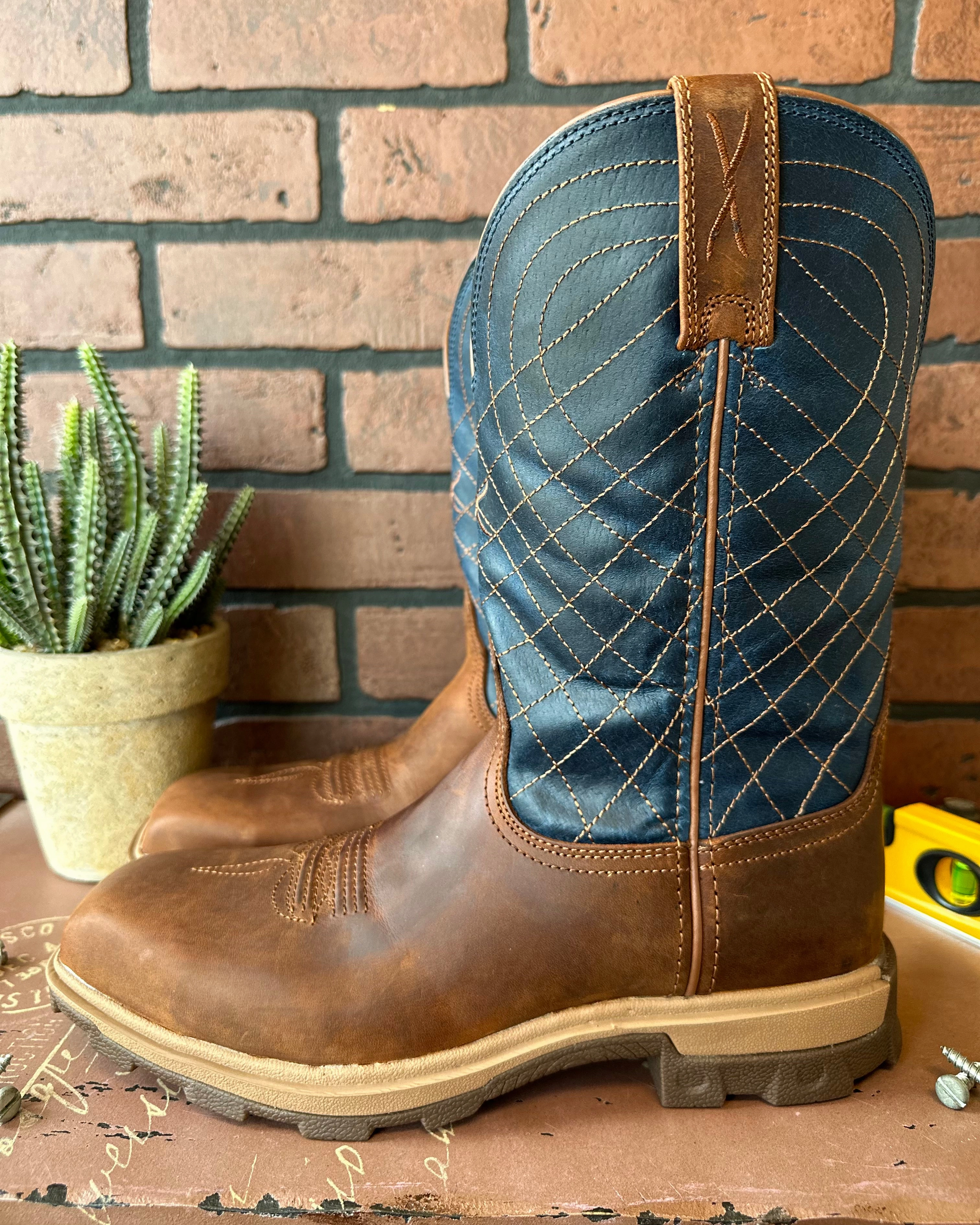 Twisted X Men's Brown & Blue Nano Safety Toe Western Work Boots MULN004 Ranch Mode Metallic Buckle