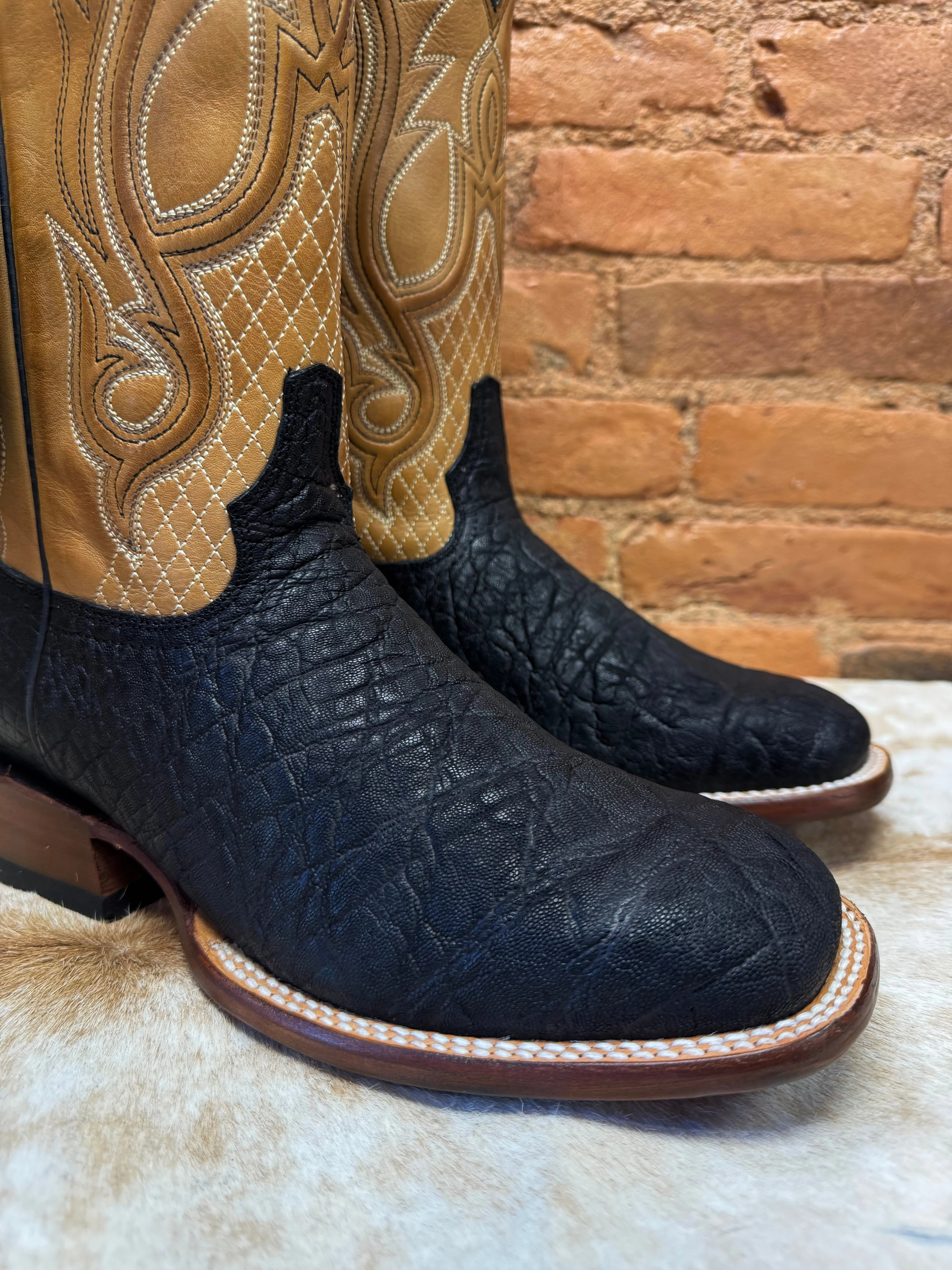 Fall Ready Versatile Look Stetson Men's Black Thunder Genuine Elephant Square Toe Cowboy Boots 1852-0700