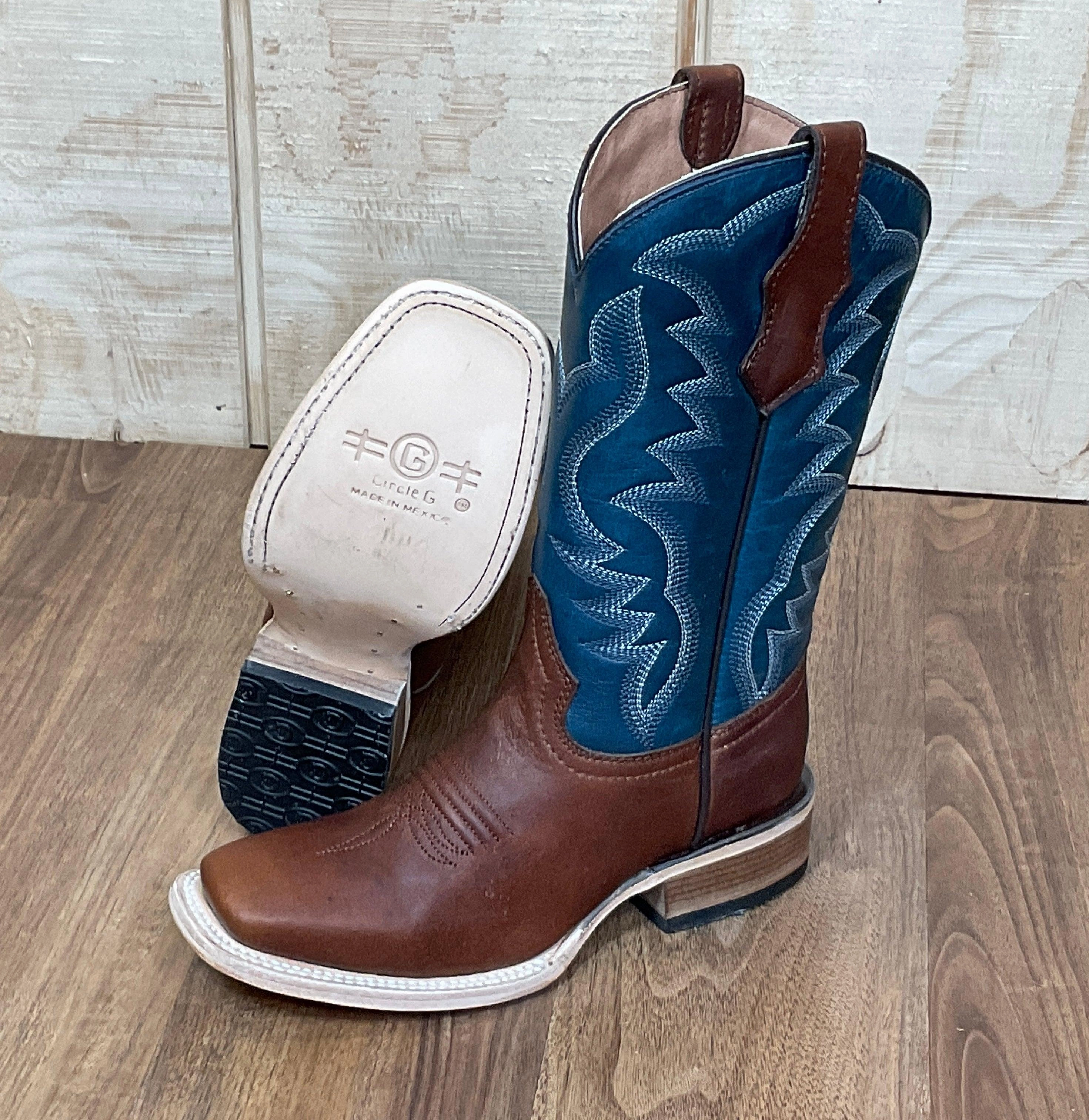 Circle G Teen Brown/Blue Embroidery Shaft Square Toe Boots J7103 Breathable mesh