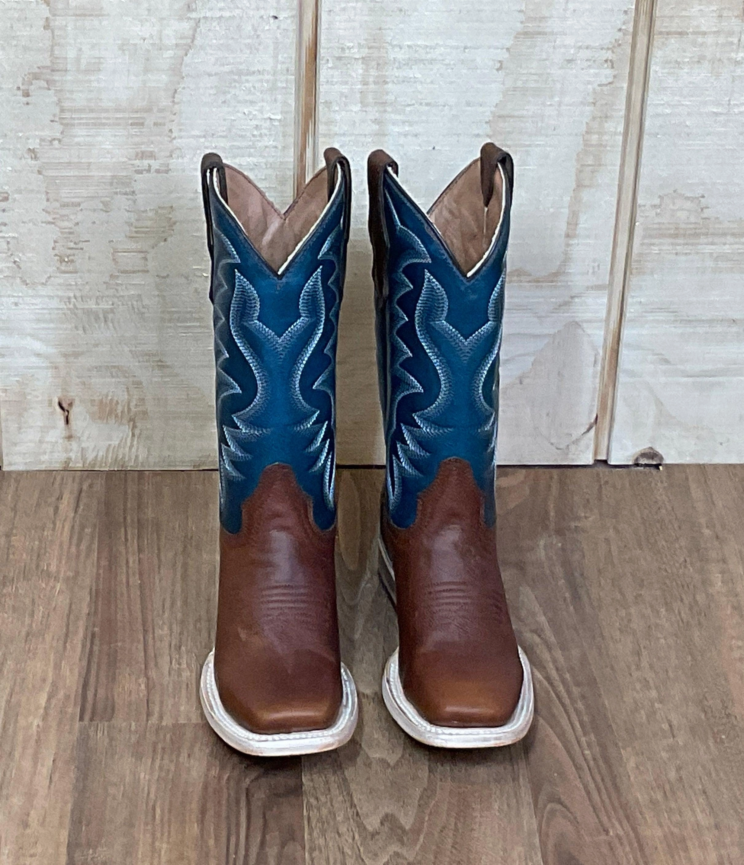 Tall Shaft Circle G Teen Brown/Blue Embroidery Shaft Square Toe Boots J7103