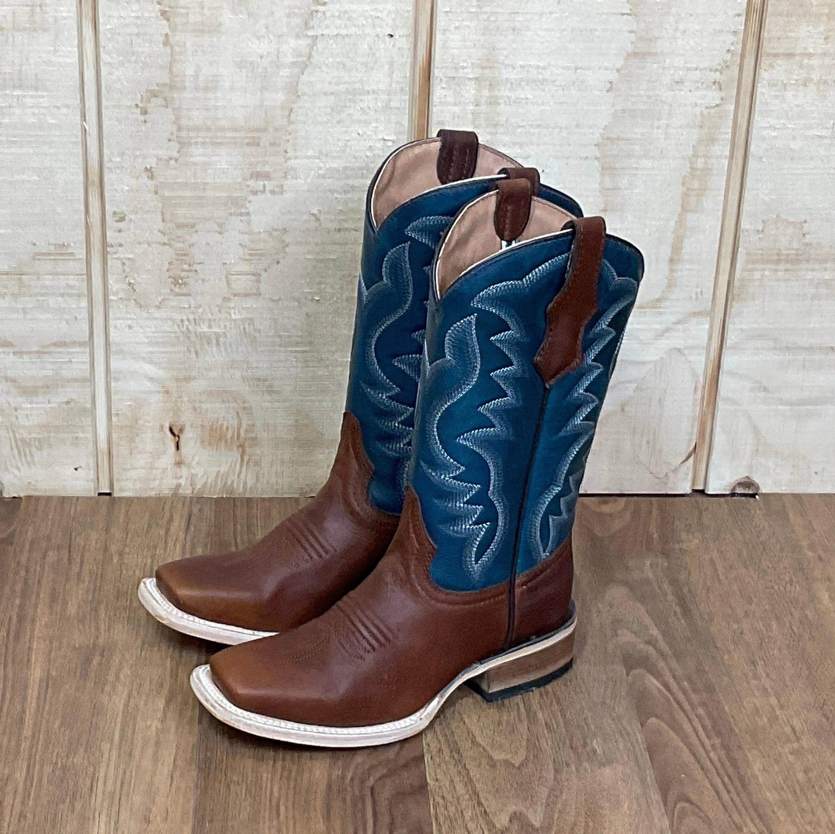 Paris Glow Circle G Teen Brown/Blue Embroidery Shaft Square Toe Boots J7103