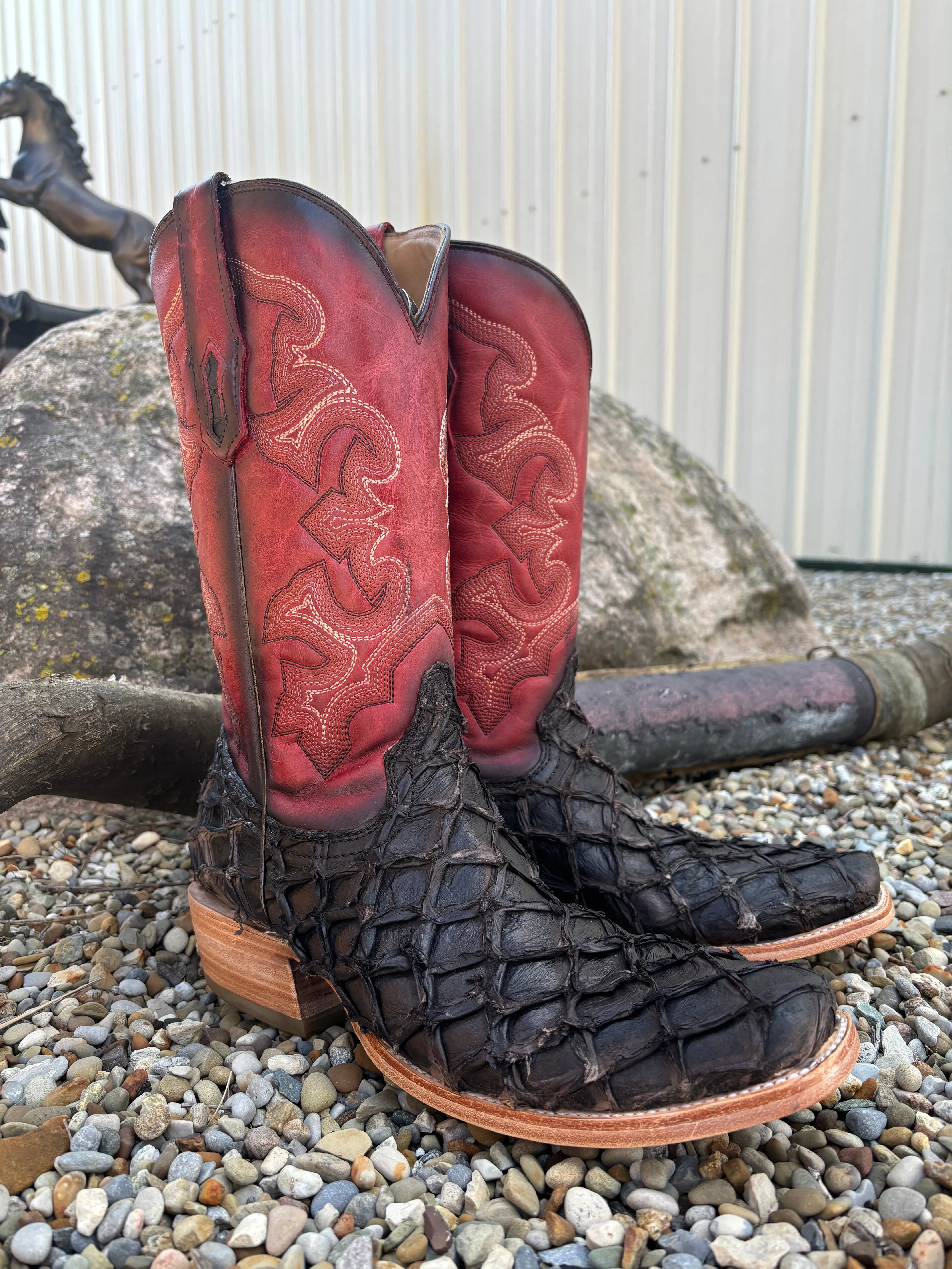 Corral Men's Dark Brown Pirarucu Big Bass & Red Top Narrow Square Toe Cowboy Boots A4536 Gloss Shine Trek Ready
