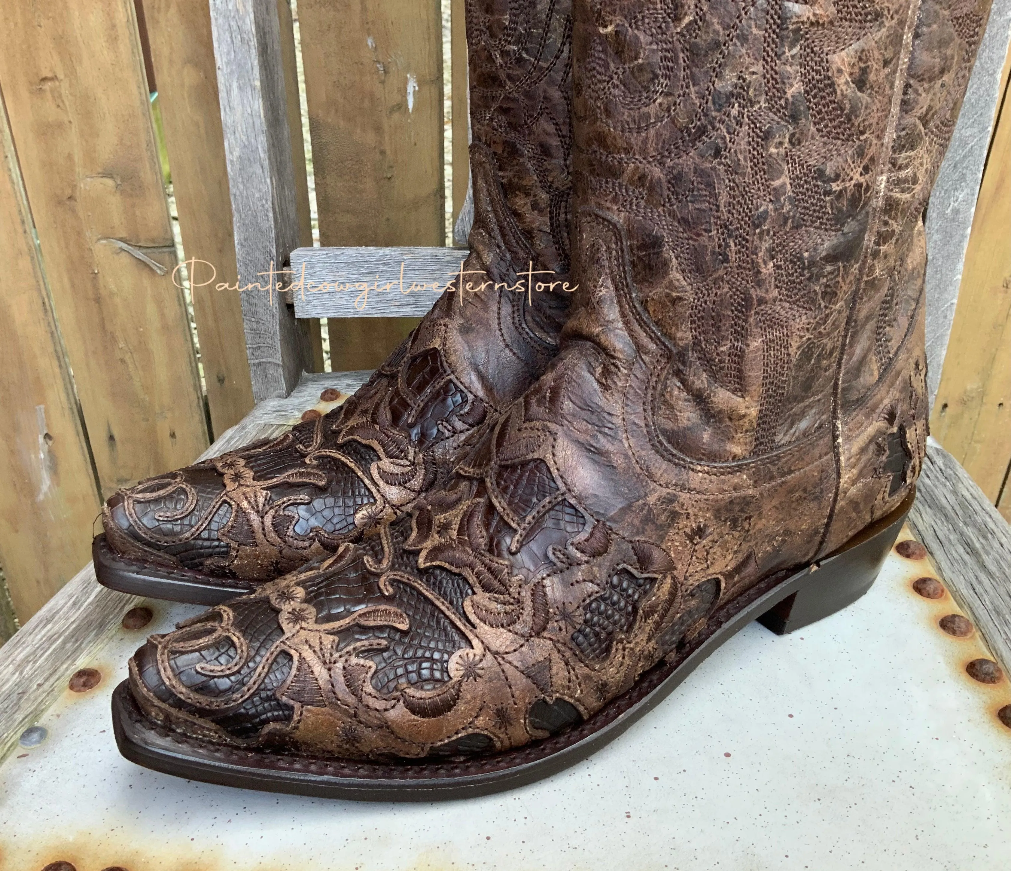 Waterproof Upper ReinforcedToe Corral Men's Distressed Brown Alligator Inlay Snip Toe Cowboy Boots A4115