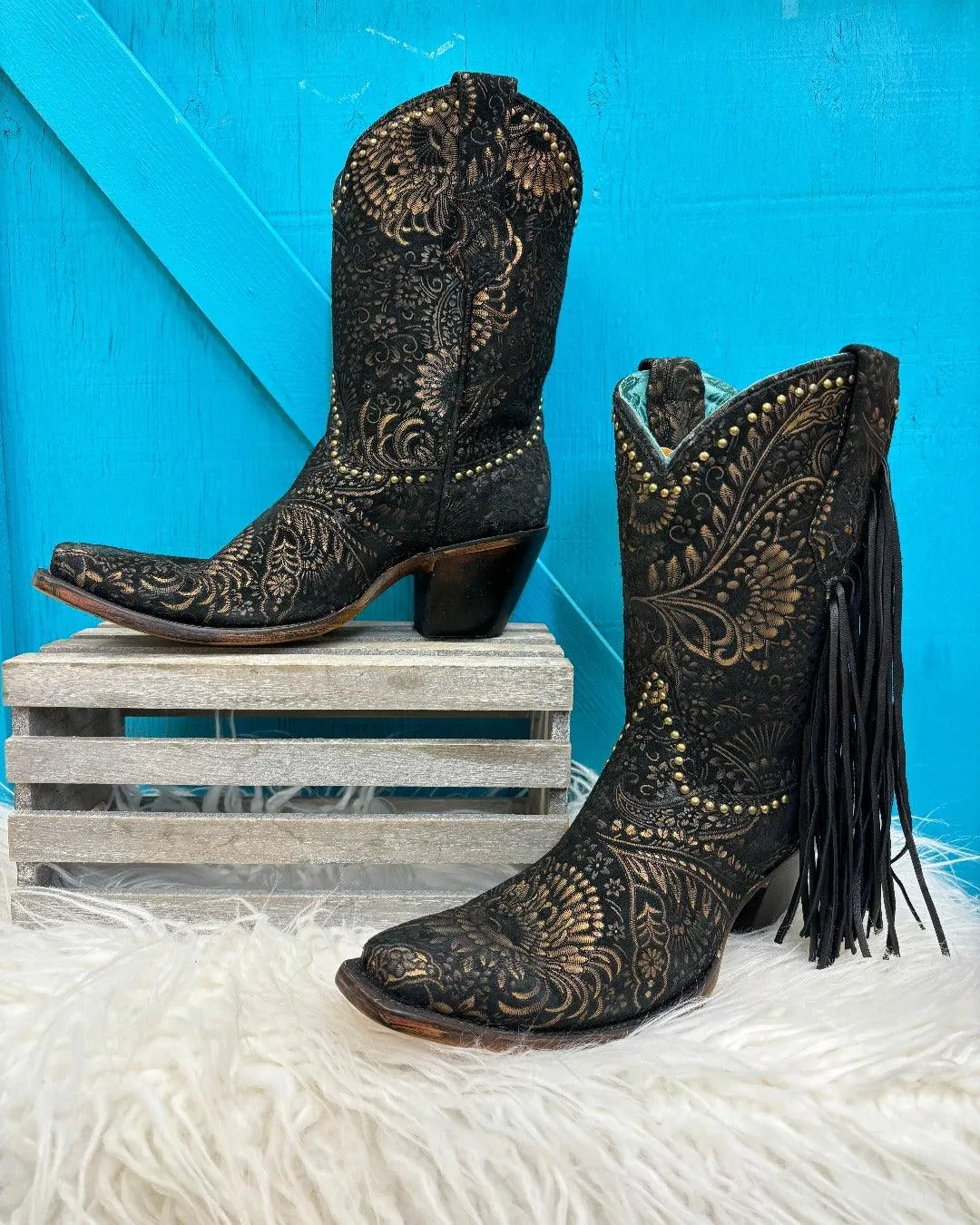 Corral Women's Black and Gold Stamped Floral Suede Fashion Cowgirl Boots A4492 Superior Design