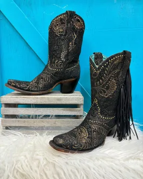 Smooth Mud Ground Corral Women's Black and Gold Stamped Floral Suede Fashion Cowgirl Boots A4492