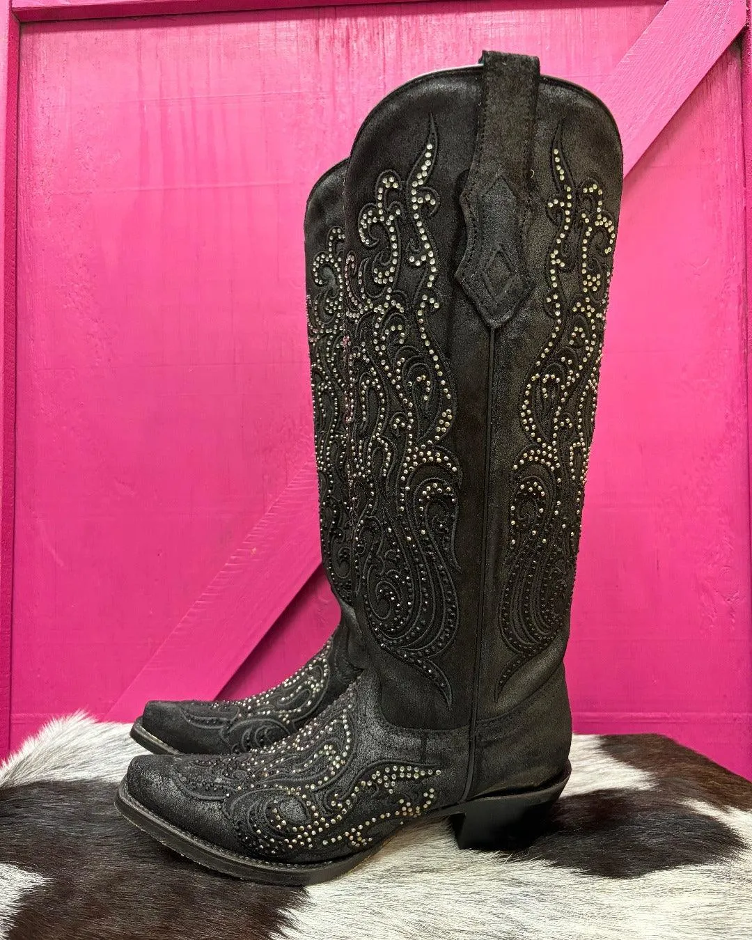 Corral Women's Black Overlay Crystal Studded Tall Cowgirl Boots C4097 Timeless Look