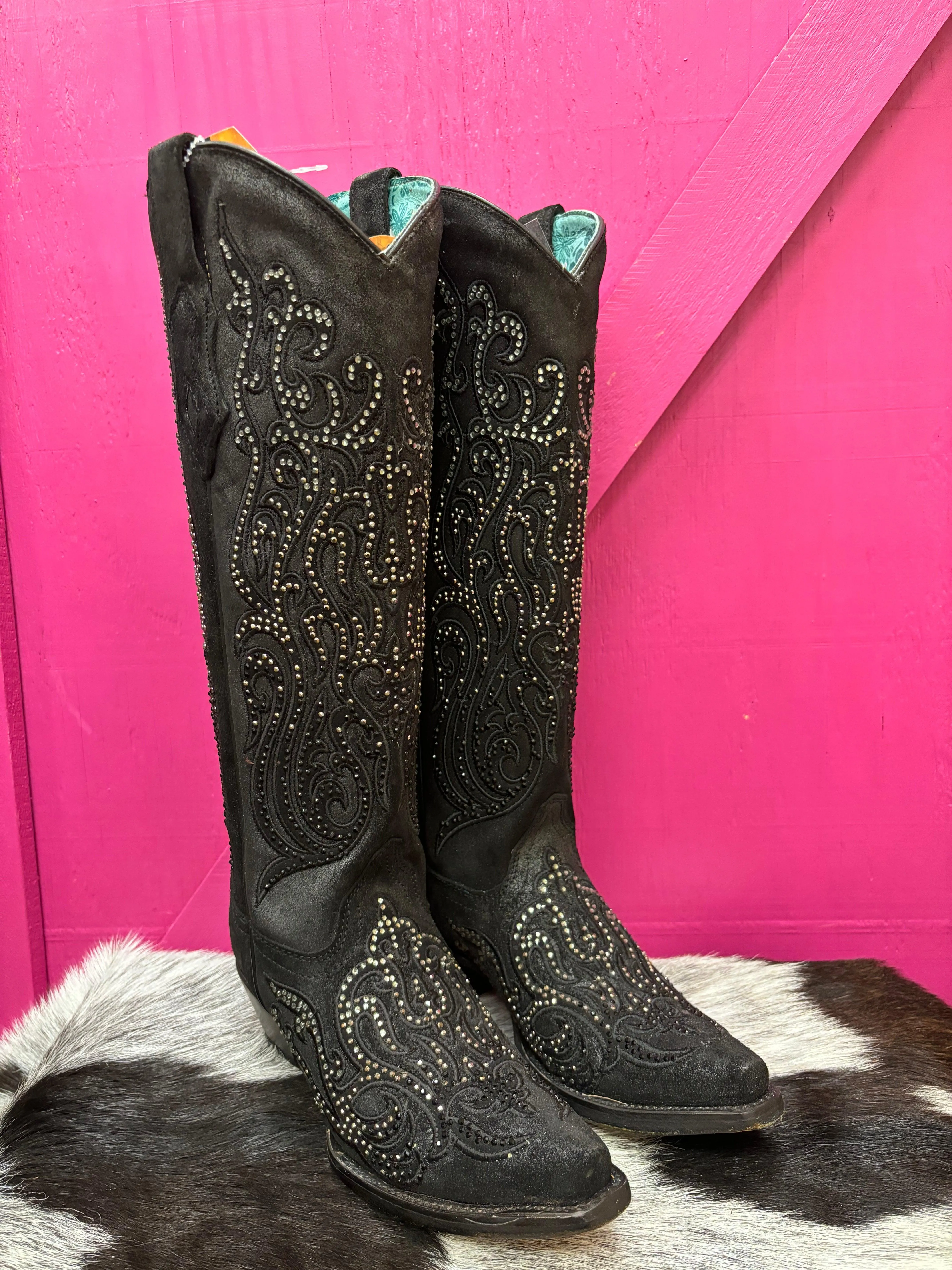 High Utility Supportive Build Corral Women's Black Overlay Crystal Studded Tall Cowgirl Boots C4097