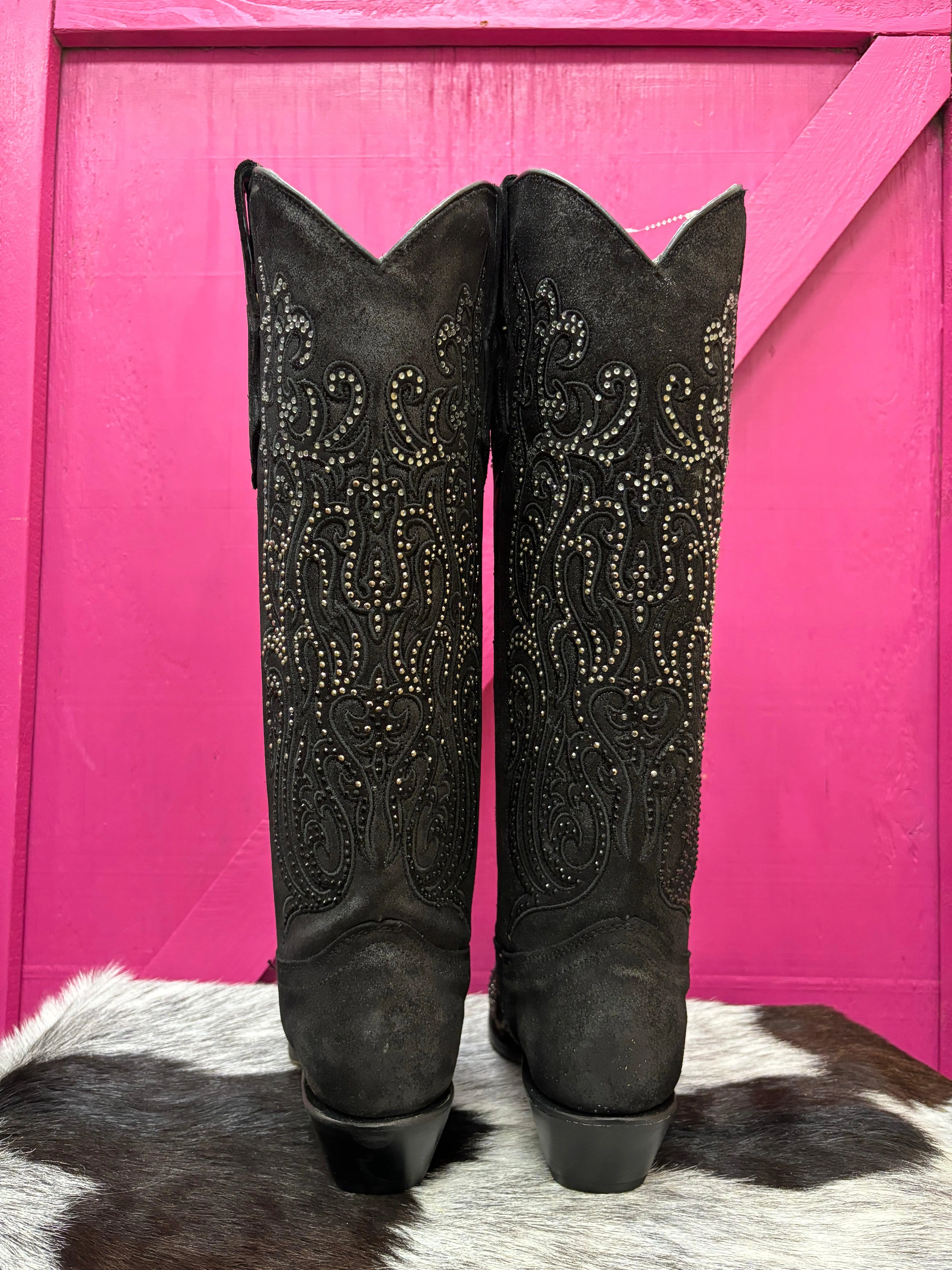 Shock Absorbing Corral Women's Black Overlay Crystal Studded Tall Cowgirl Boots C4097