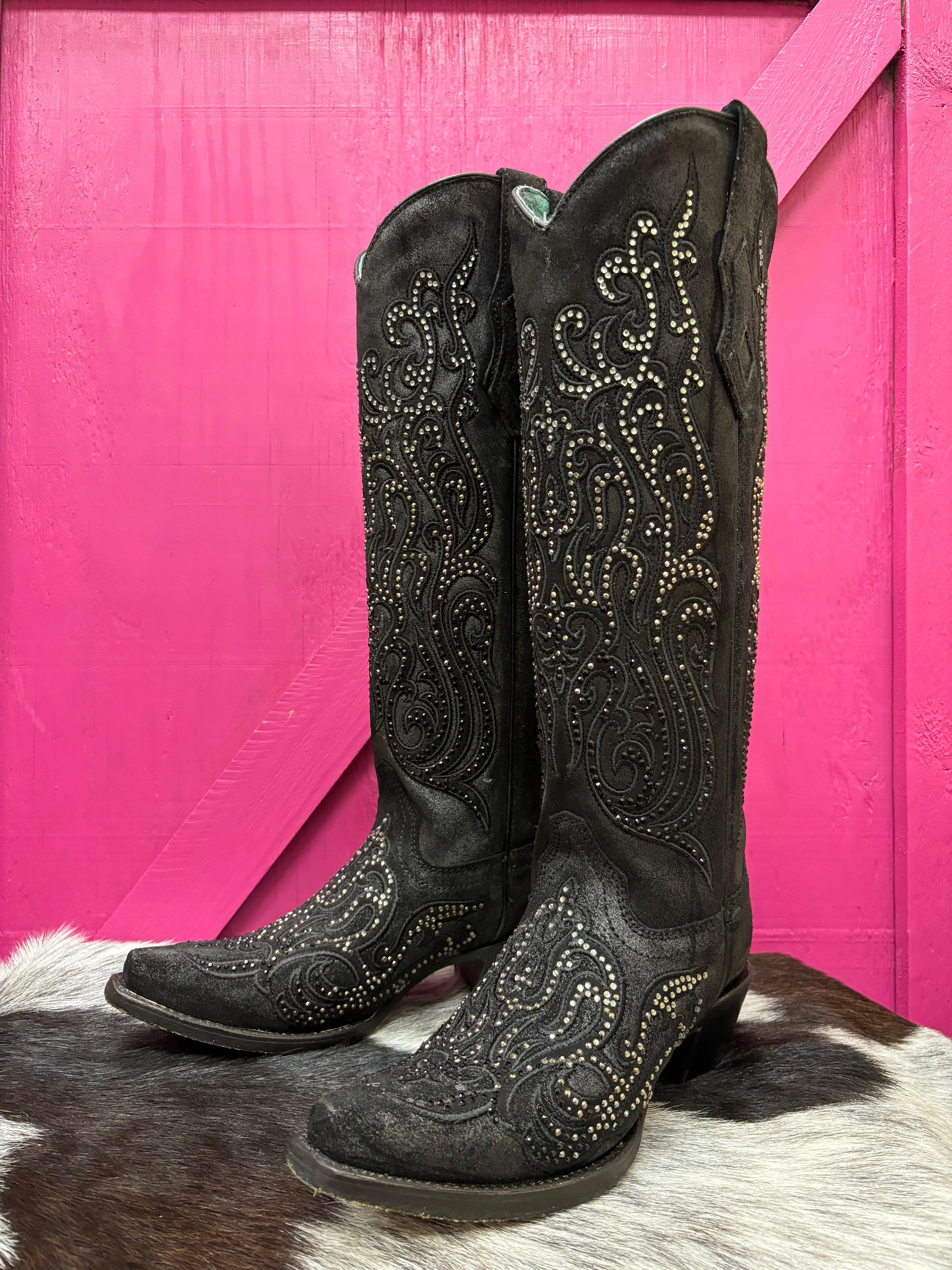 Trendy Corral Women's Black Overlay Crystal Studded Tall Cowgirl Boots C4097