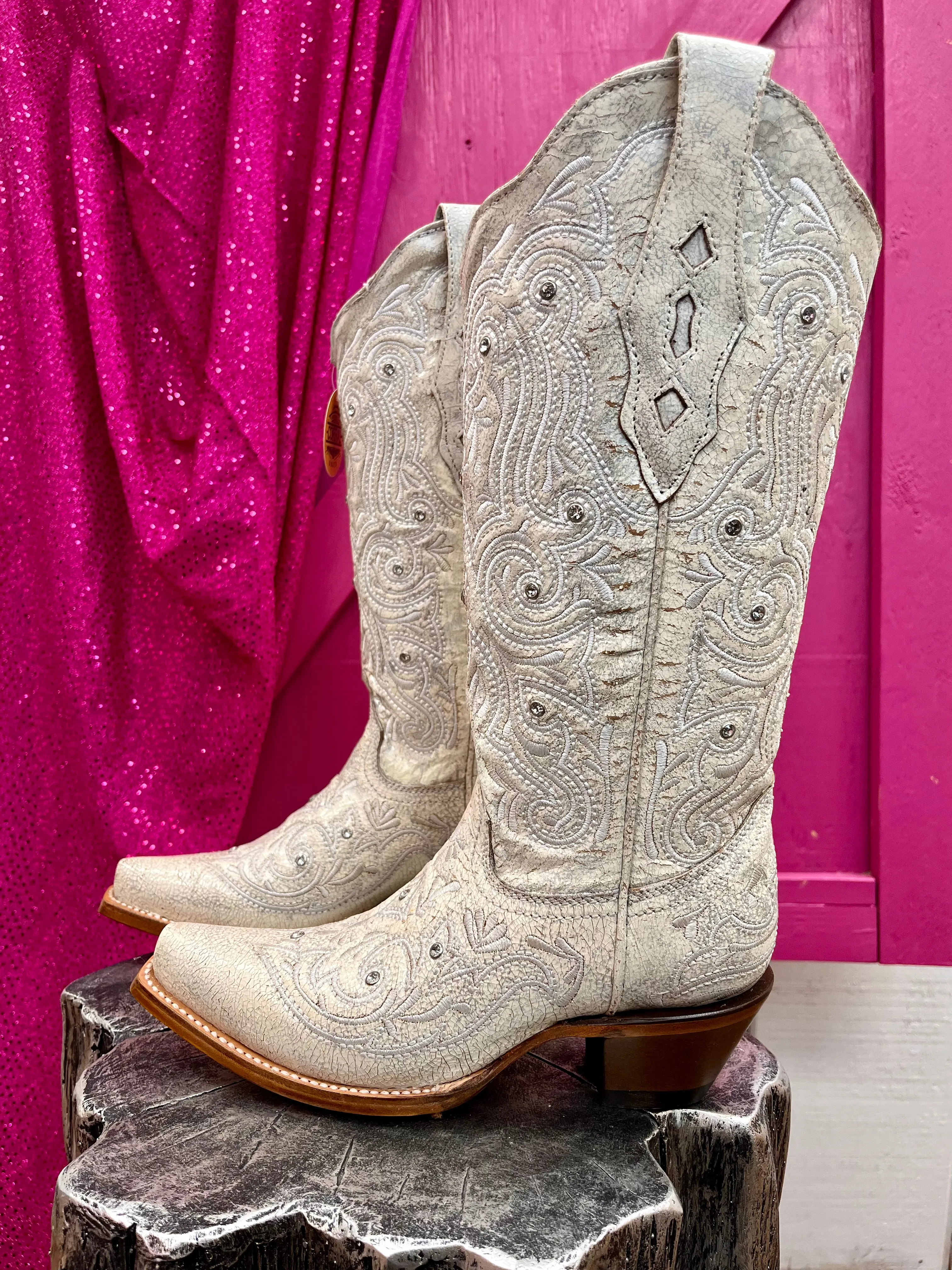 Corral Women's Bone White Crystal Overlay Snip Toe Cowgirl Boots Z5123 removable insoles