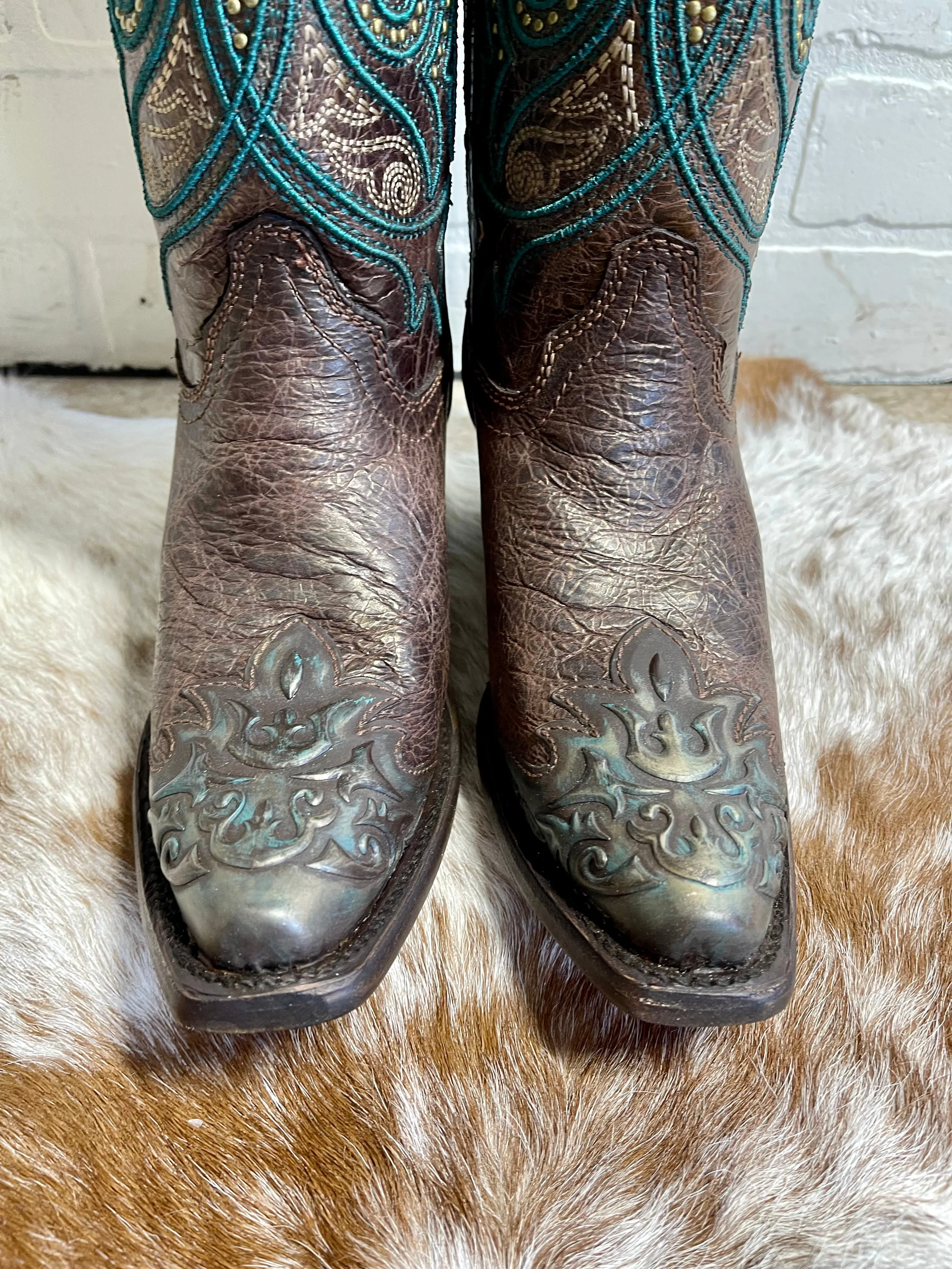 Support Foot Corral Women's Bronze & Turquoise Overlay Snip Toe Cowgirl Boots C3912