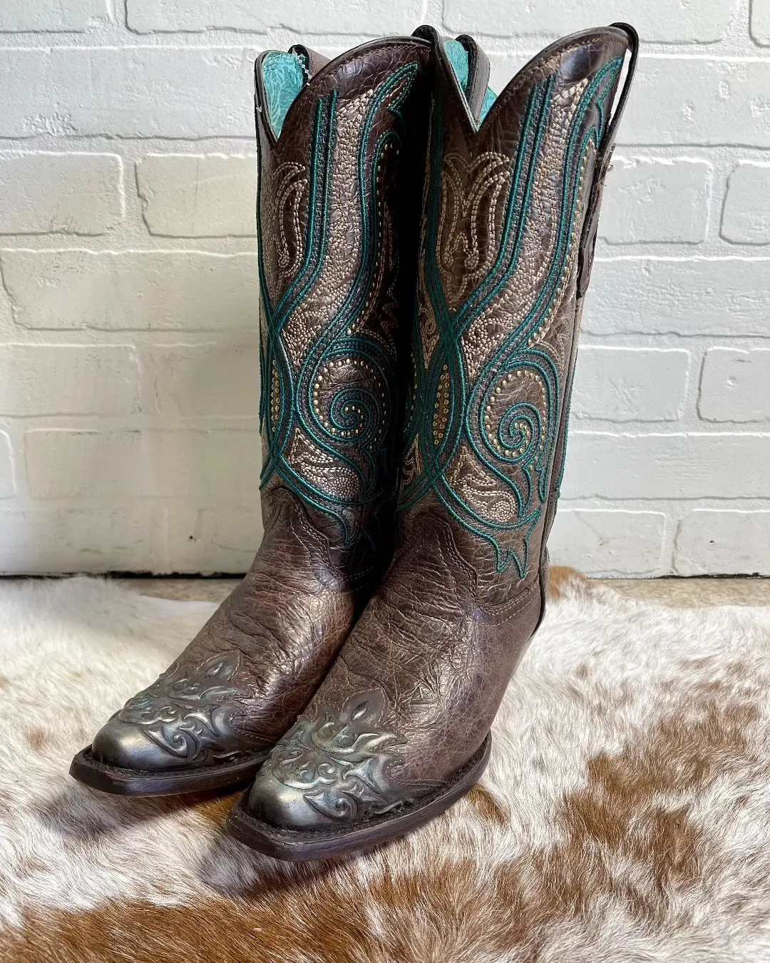 anti-odor Outdoor Chore Corral Women's Bronze & Turquoise Overlay Snip Toe Cowgirl Boots C3912