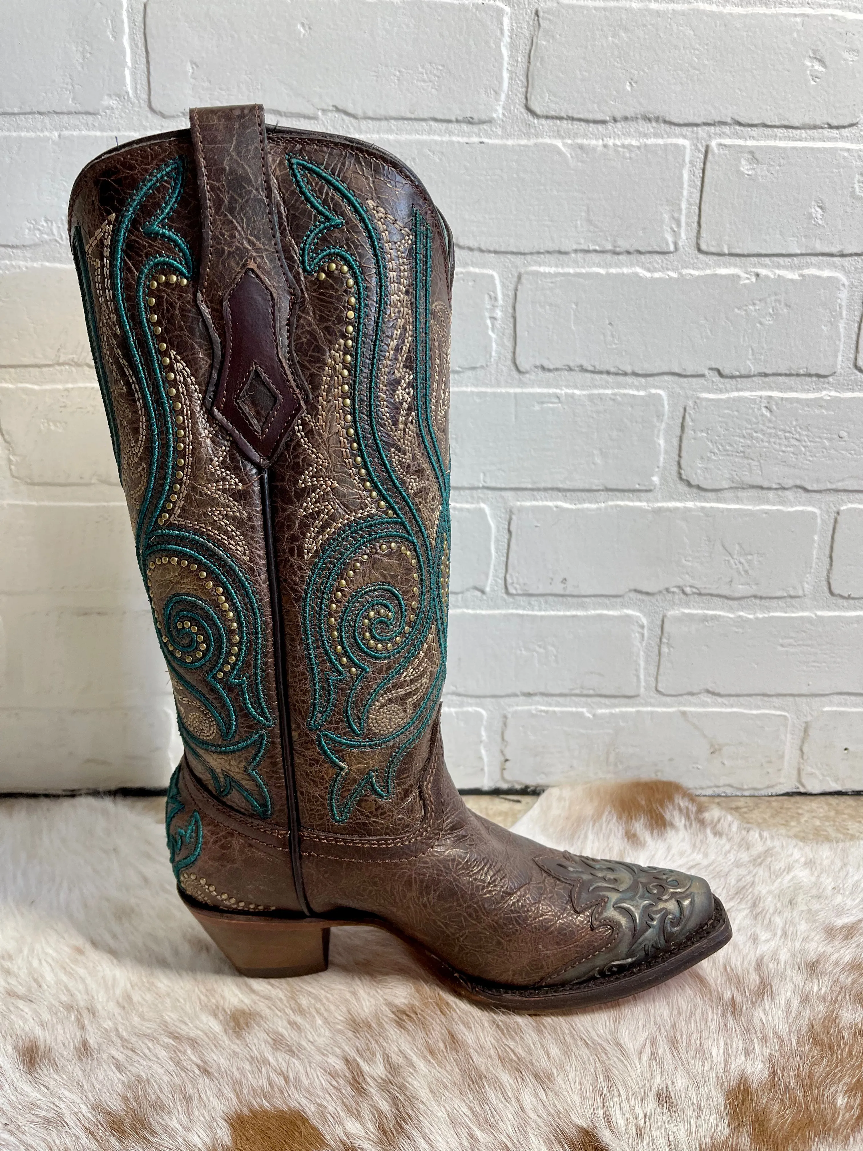 Corral Women's Bronze & Turquoise Overlay Snip Toe Cowgirl Boots C3912 Mid Rise