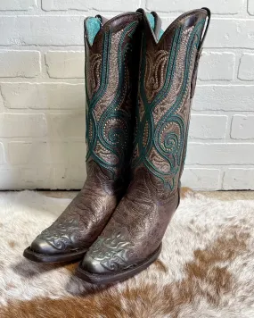Corral Women's Bronze & Turquoise Overlay Snip Toe Cowgirl Boots C3912 Luggage Ready