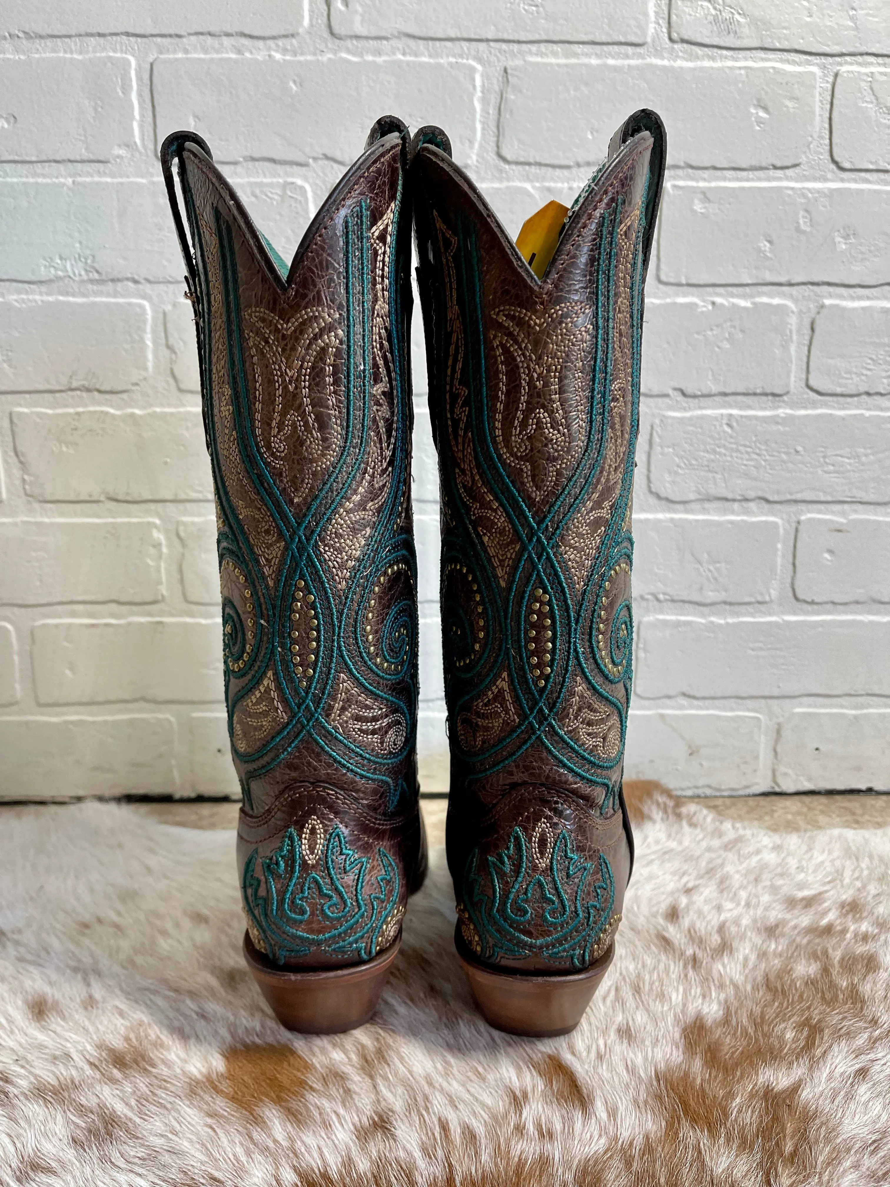 Corral Women's Bronze & Turquoise Overlay Snip Toe Cowgirl Boots C3912 Cushioned Support