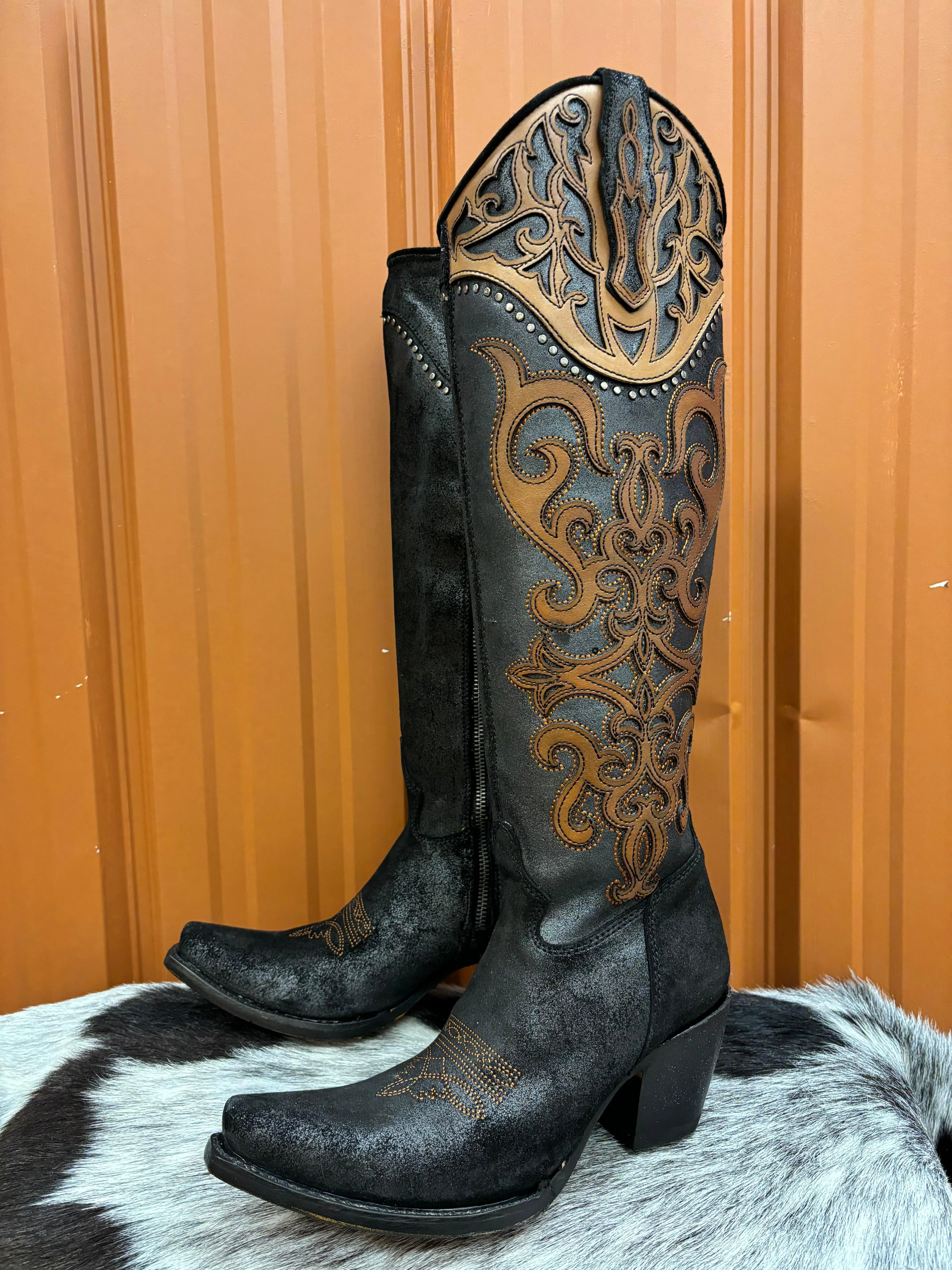 Anti Odor Technology Corral Women's Brown & Black Overlay Studded Tall Cowgirl Boots C4092
