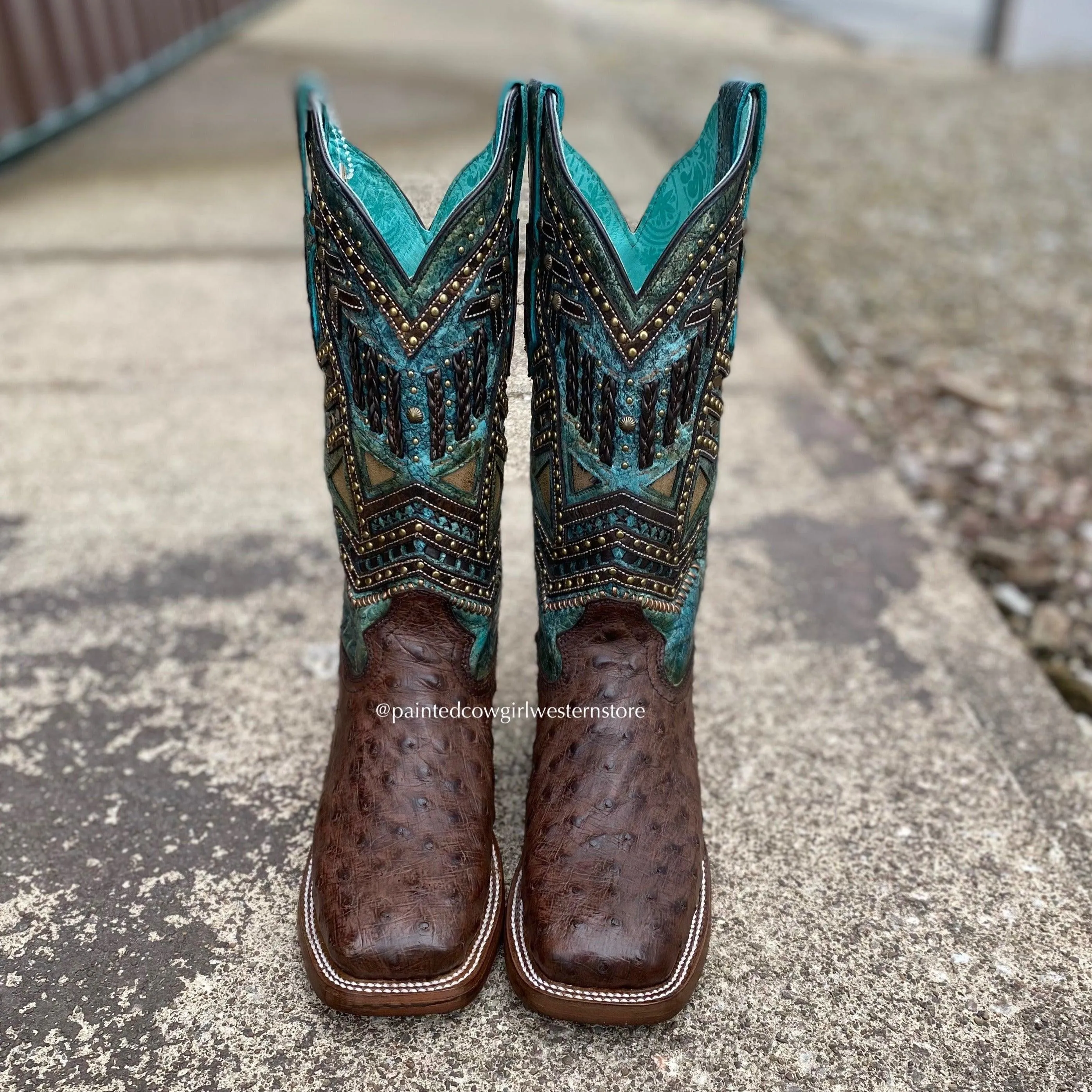 Cushioned Insole Corral Women's Chocolate Full Quill Ostrich w/ Turquoise Shaft Square Toe Cowgirl Boots A4059