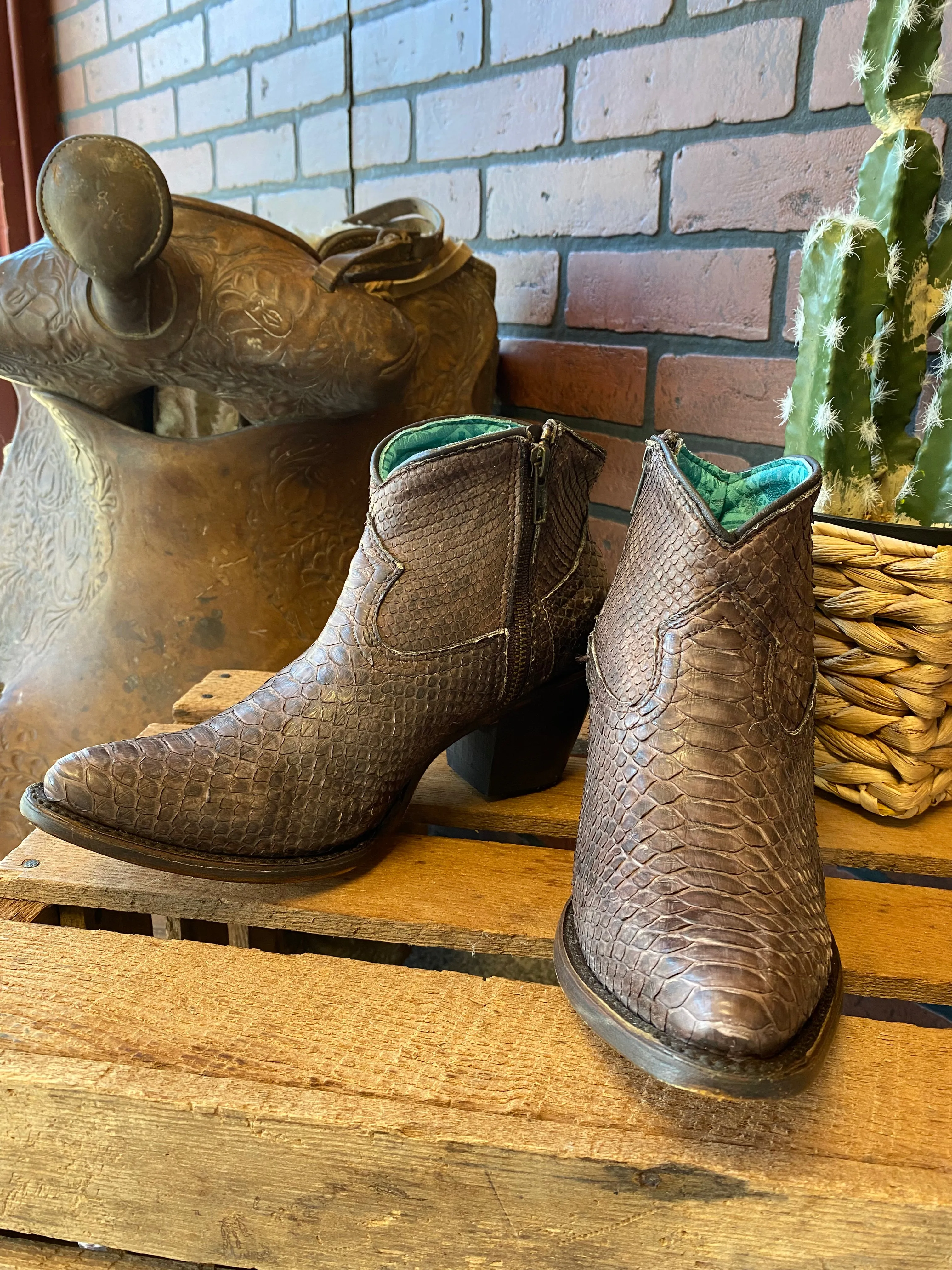 Corral Women's Chocolate Python J Toe Bootie A4325 Storm Wear Minimalist Look