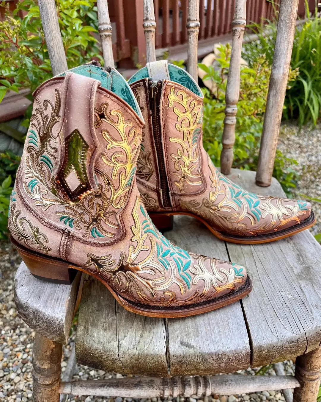 Corral Women's Golden Mirror & Turquoise Overlay Ankle Cowgirl Boots C4006 Crisp Finish Farm Life