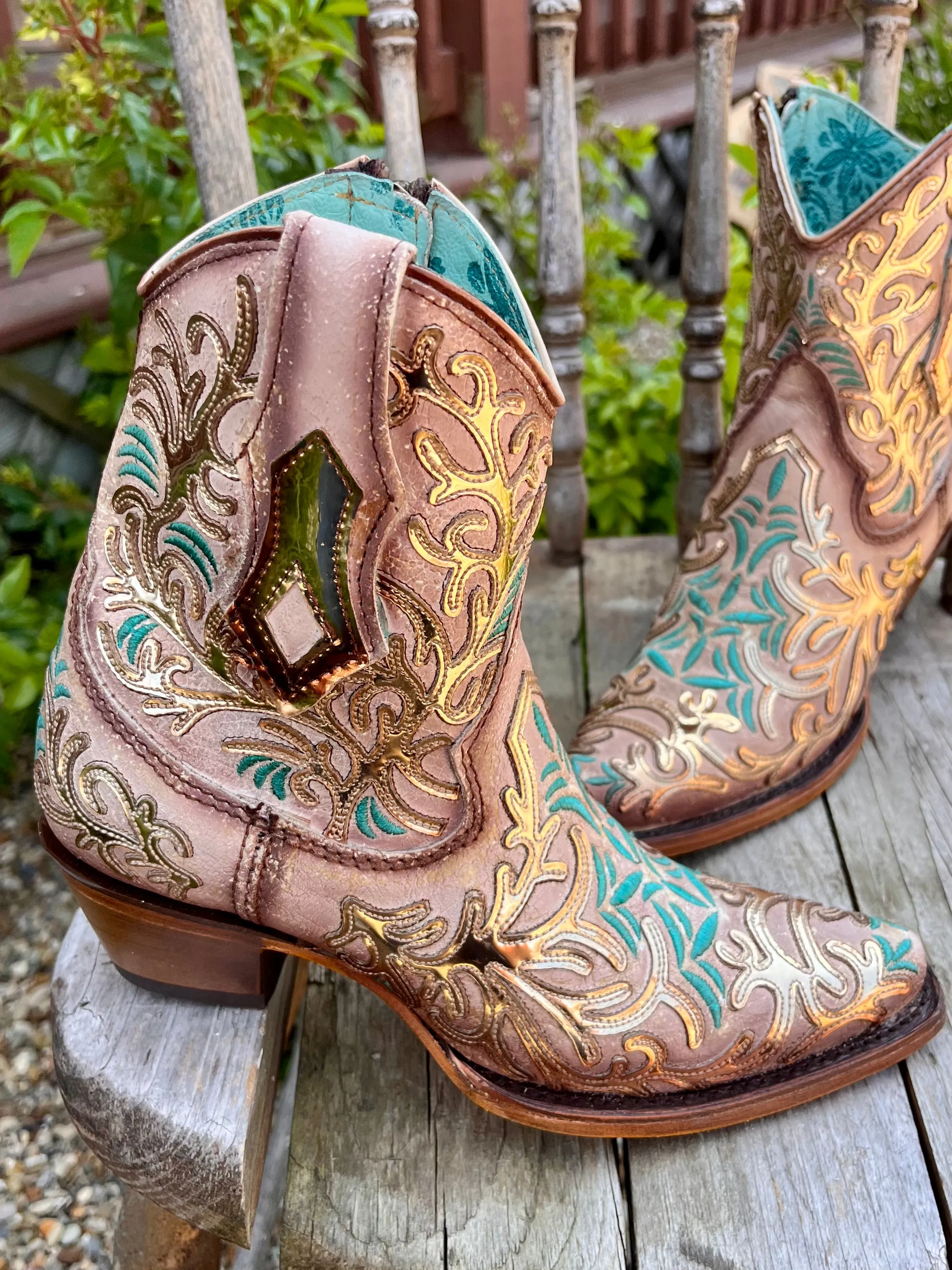 Corral Women's Golden Mirror & Turquoise Overlay Ankle Cowgirl Boots C4006 Urban Hiker