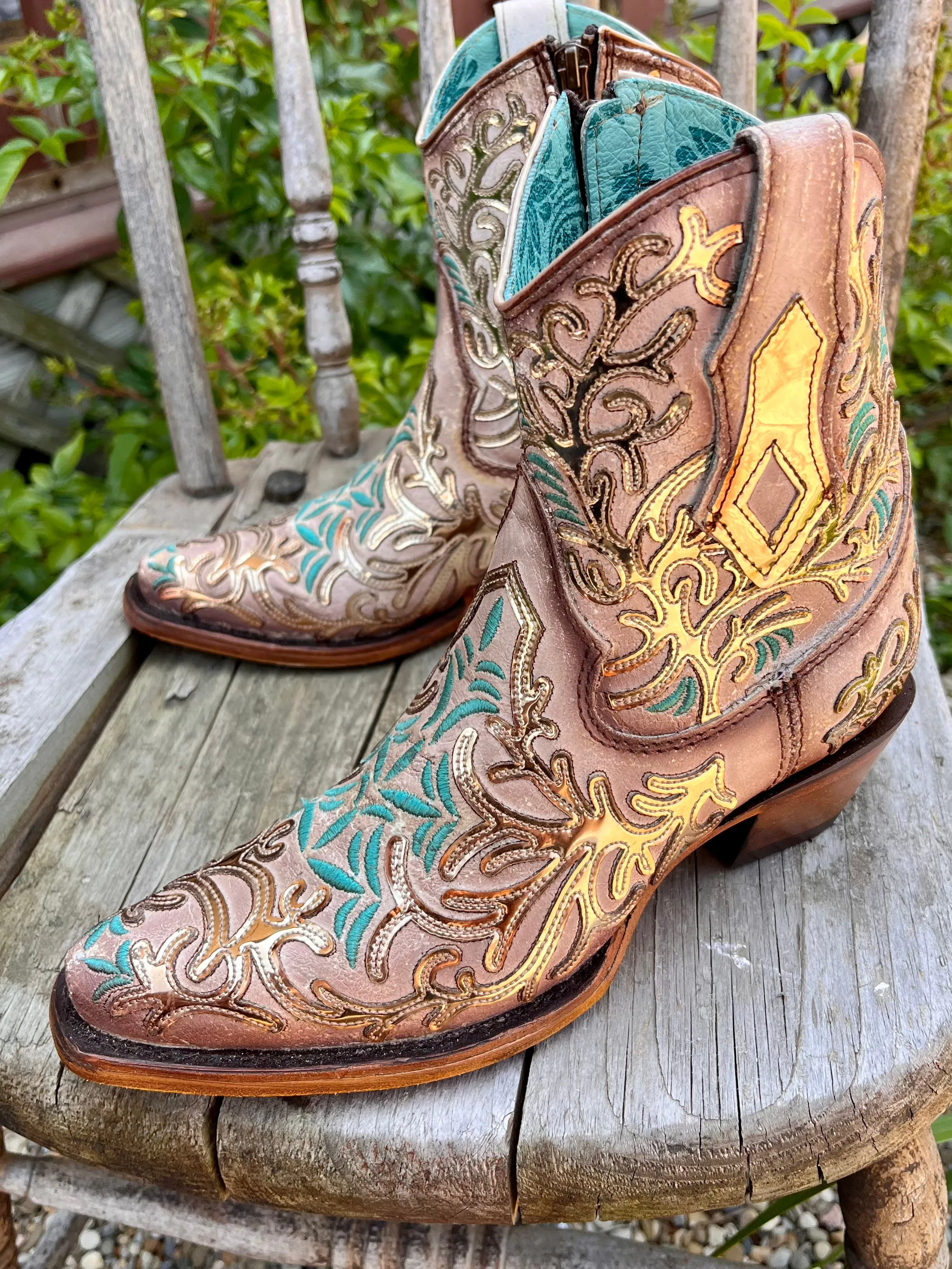 Heavy Duty Support Corral Women's Golden Mirror & Turquoise Overlay Ankle Cowgirl Boots C4006