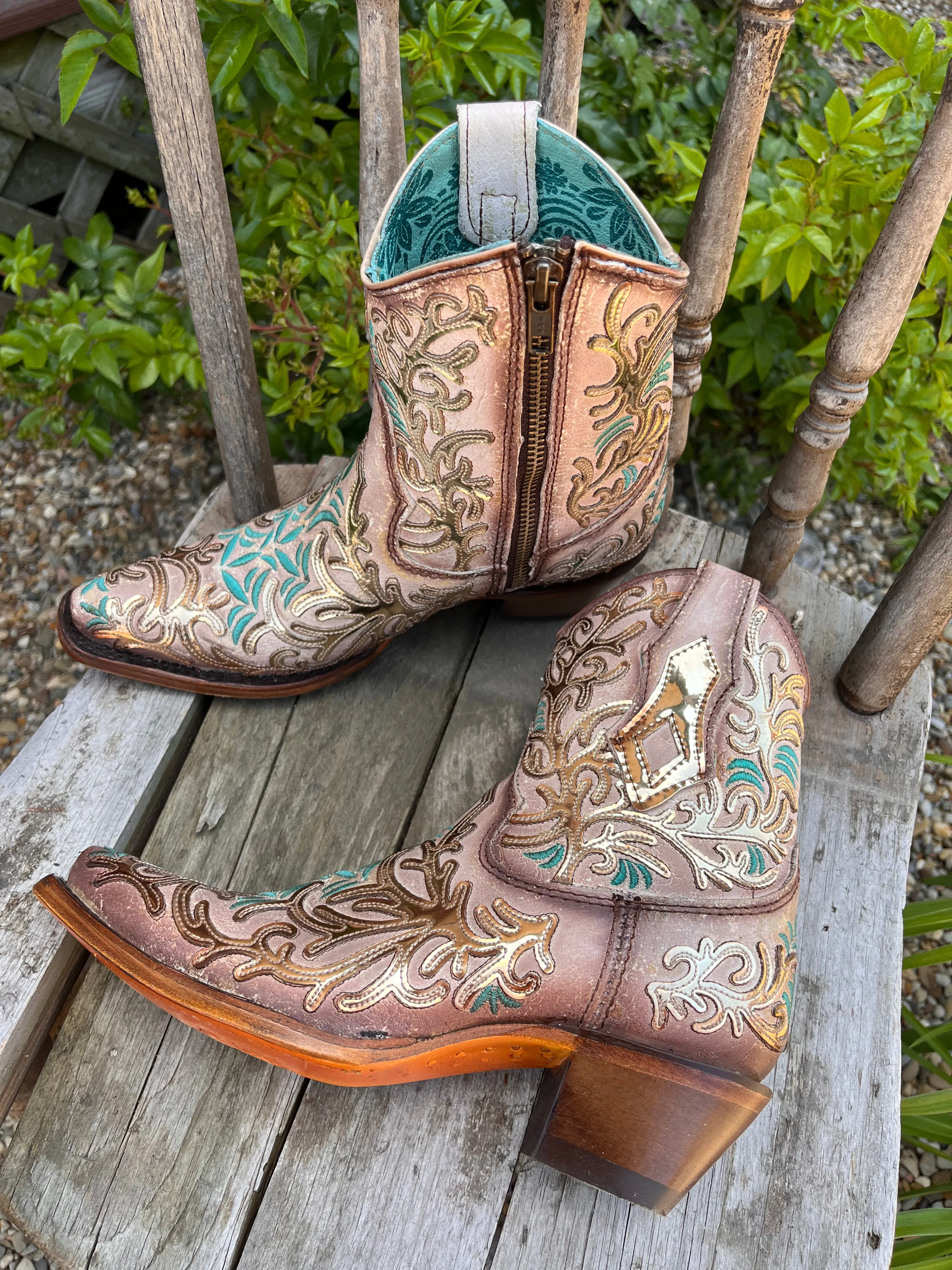 Corral Women's Golden Mirror & Turquoise Overlay Ankle Cowgirl Boots C4006 Zip   Up Design Chukka Silhouette