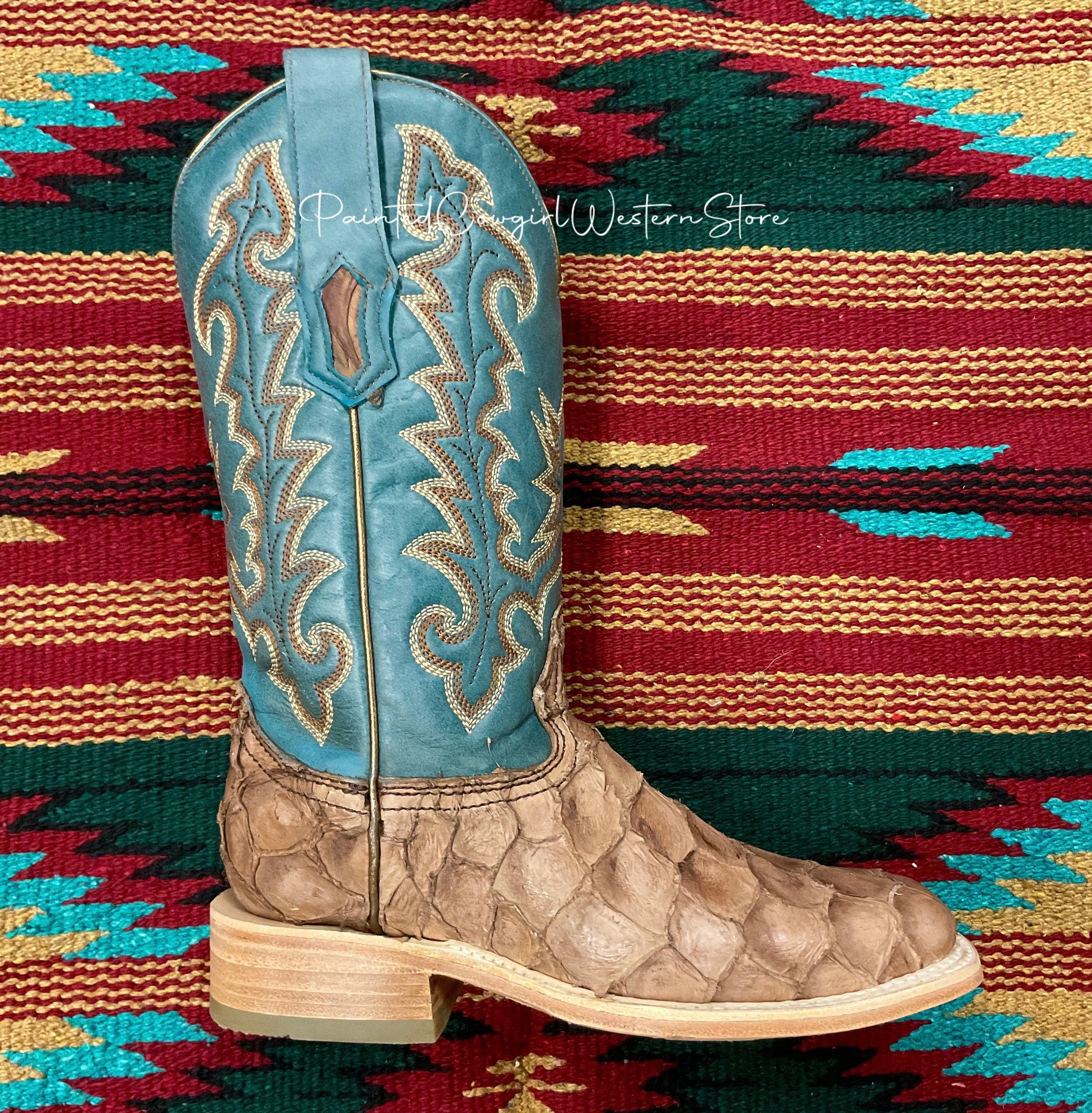 Corral Women's Tan Brown Big Bass Arapaima & Turquoise Top Square Toe Cowgirl Boots A4205 Fashion Show