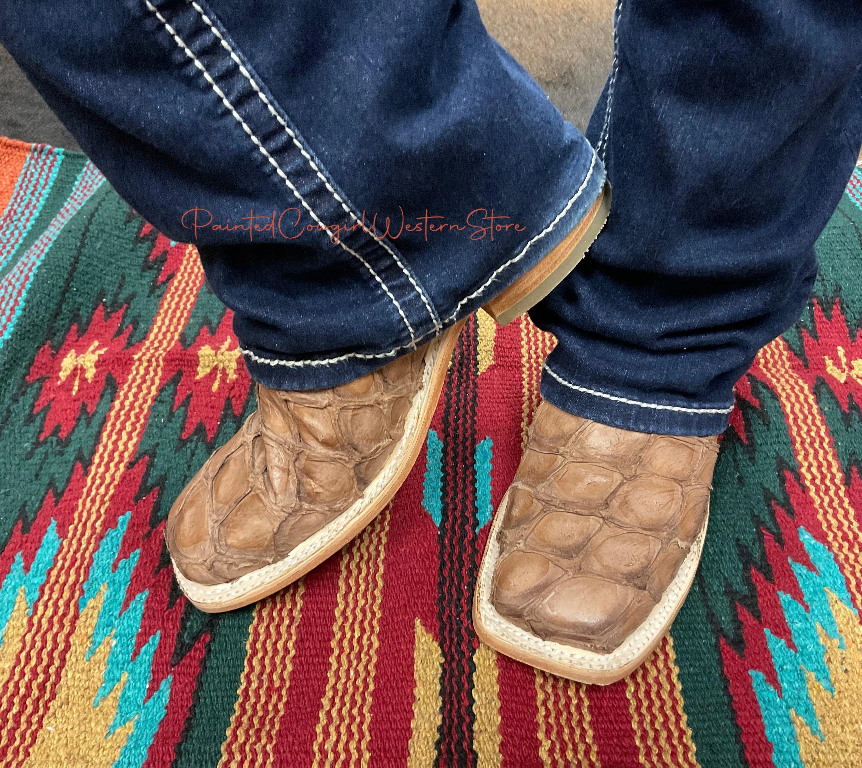 Corral Women's Tan Brown Big Bass Arapaima & Turquoise Top Square Toe Cowgirl Boots A4205 Metallic Buckle