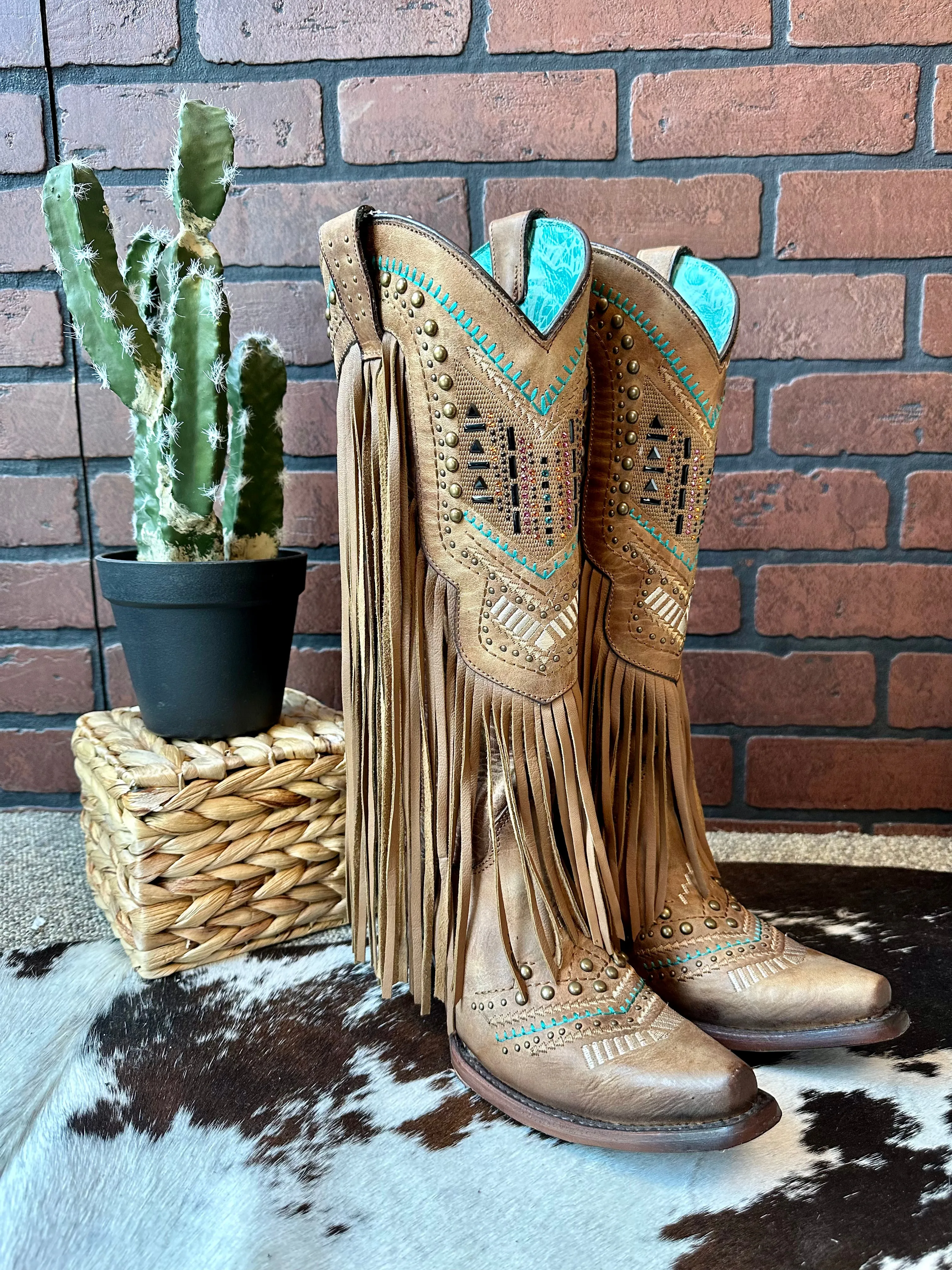 Corral Women's Tan Swarovski Crystals Fringe Tall Snip Toe Cowgirl Boot C2910 Long Last Elastic Sides