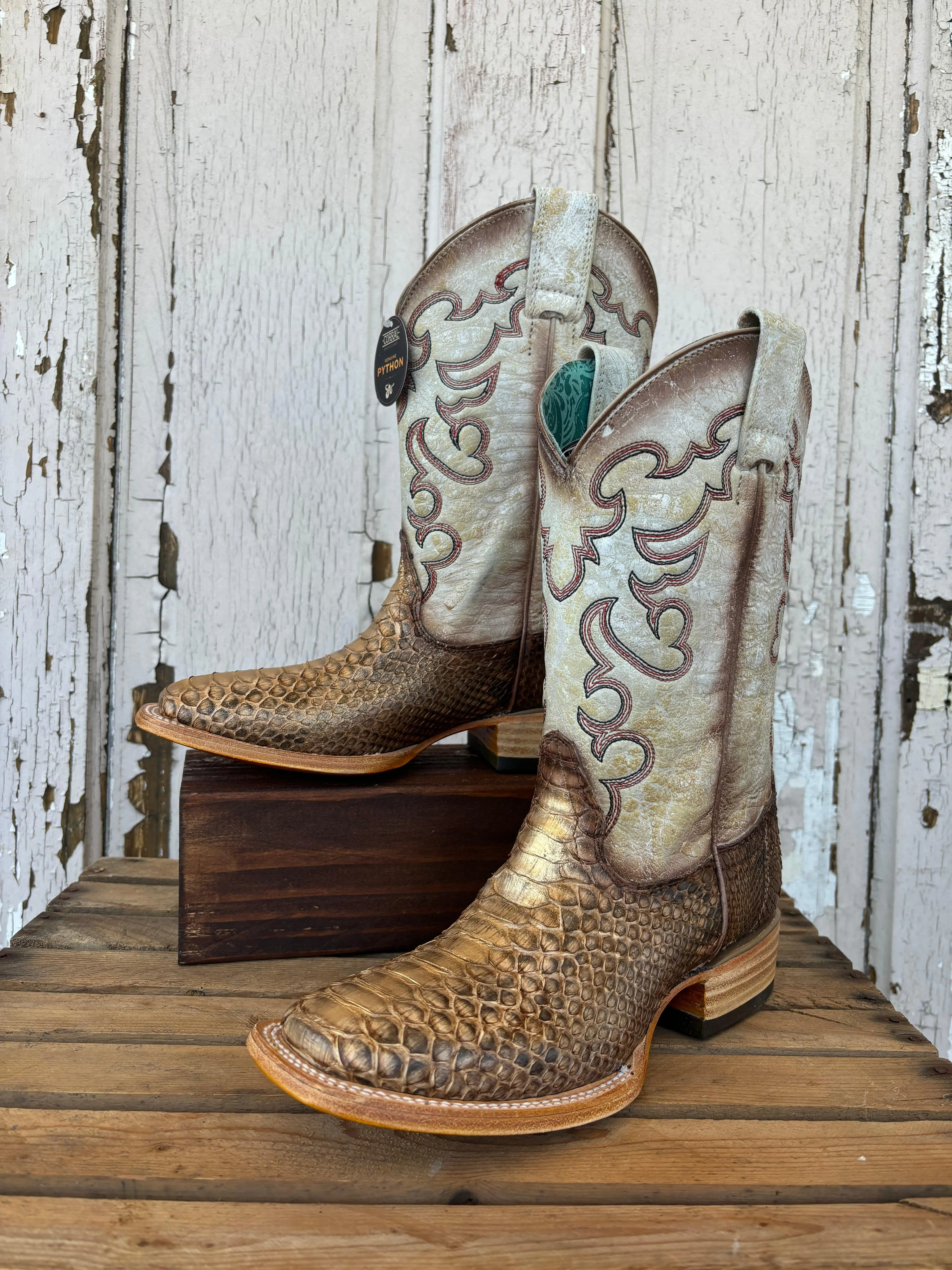 Desert Design All Fit Corral Women's Taupe & Beige Python Embroidered Square Toe Cowgirl Boots B5507