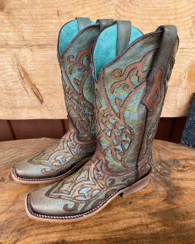 Tough Exterior Corral Women's Turquoise & Brown Overlay Square Toe Cowgirl Boots C3768