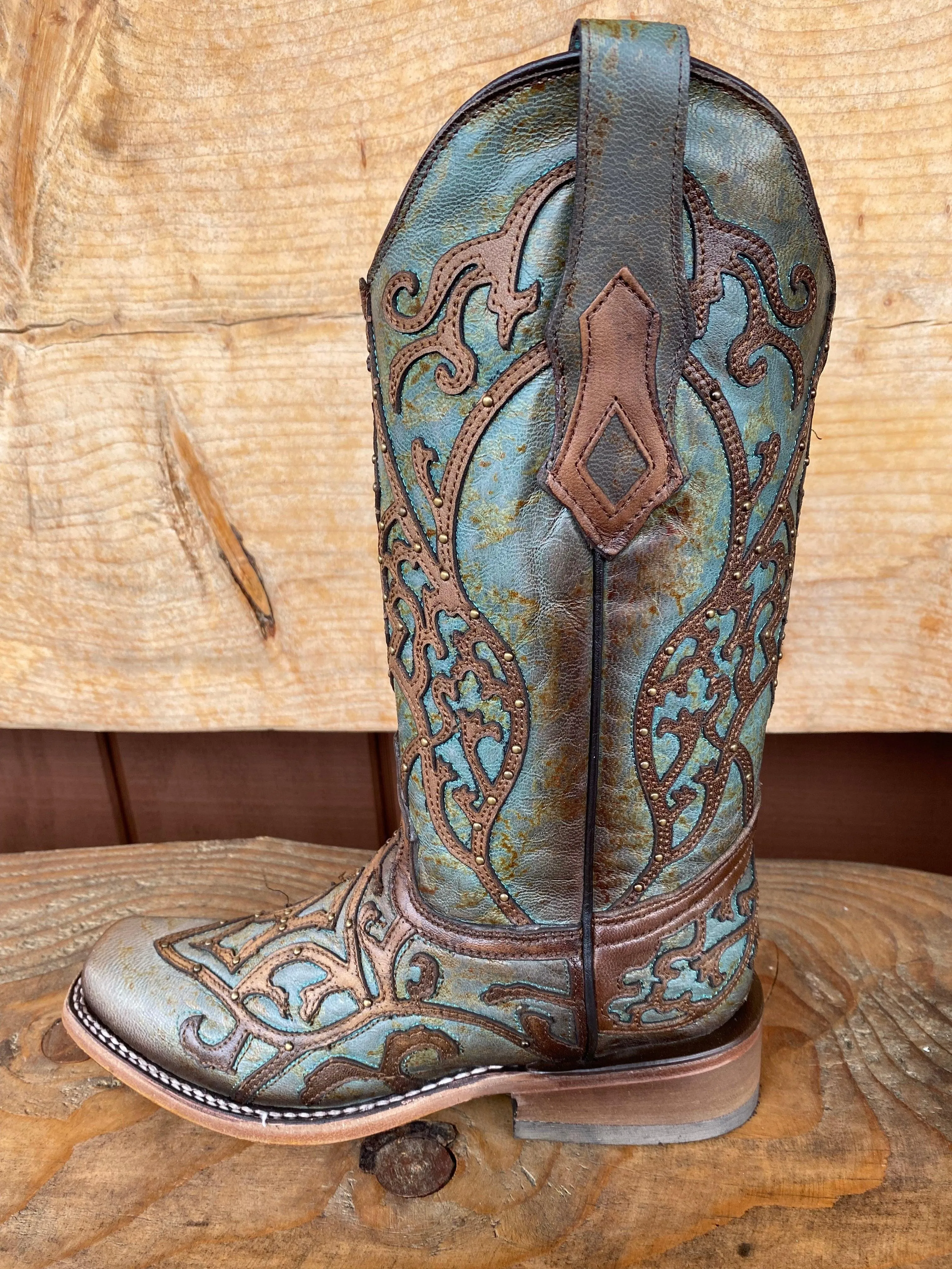 Festival Ground Corral Women's Turquoise & Brown Overlay Square Toe Cowgirl Boots C3768