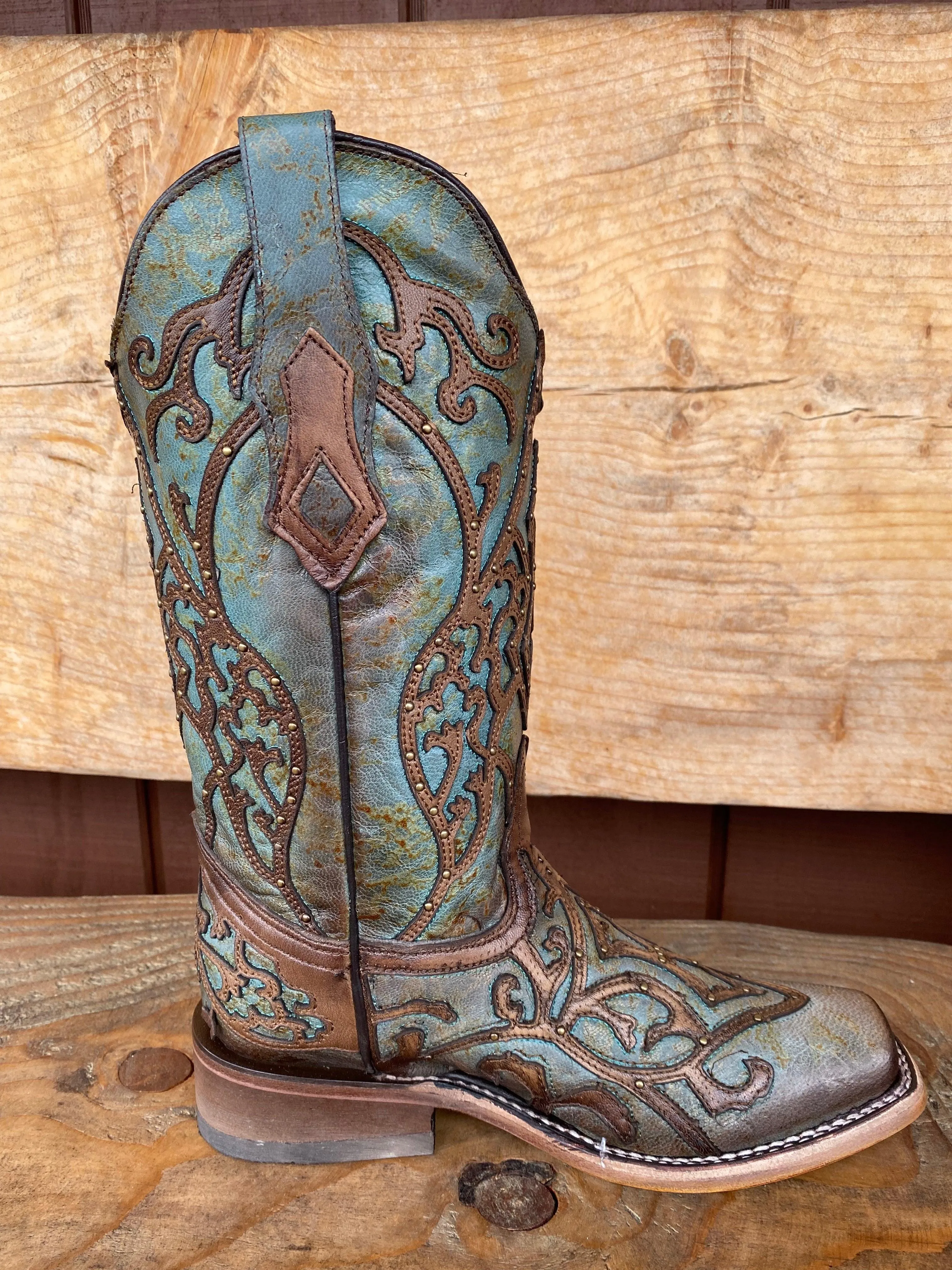Extreme Grip Corral Women's Turquoise & Brown Overlay Square Toe Cowgirl Boots C3768
