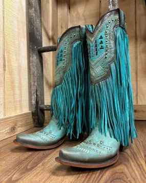 Snowy Environment Corral Women's Turquoise Crystals & Studs Fringe Snip Toe Cowgirl Boots C4077