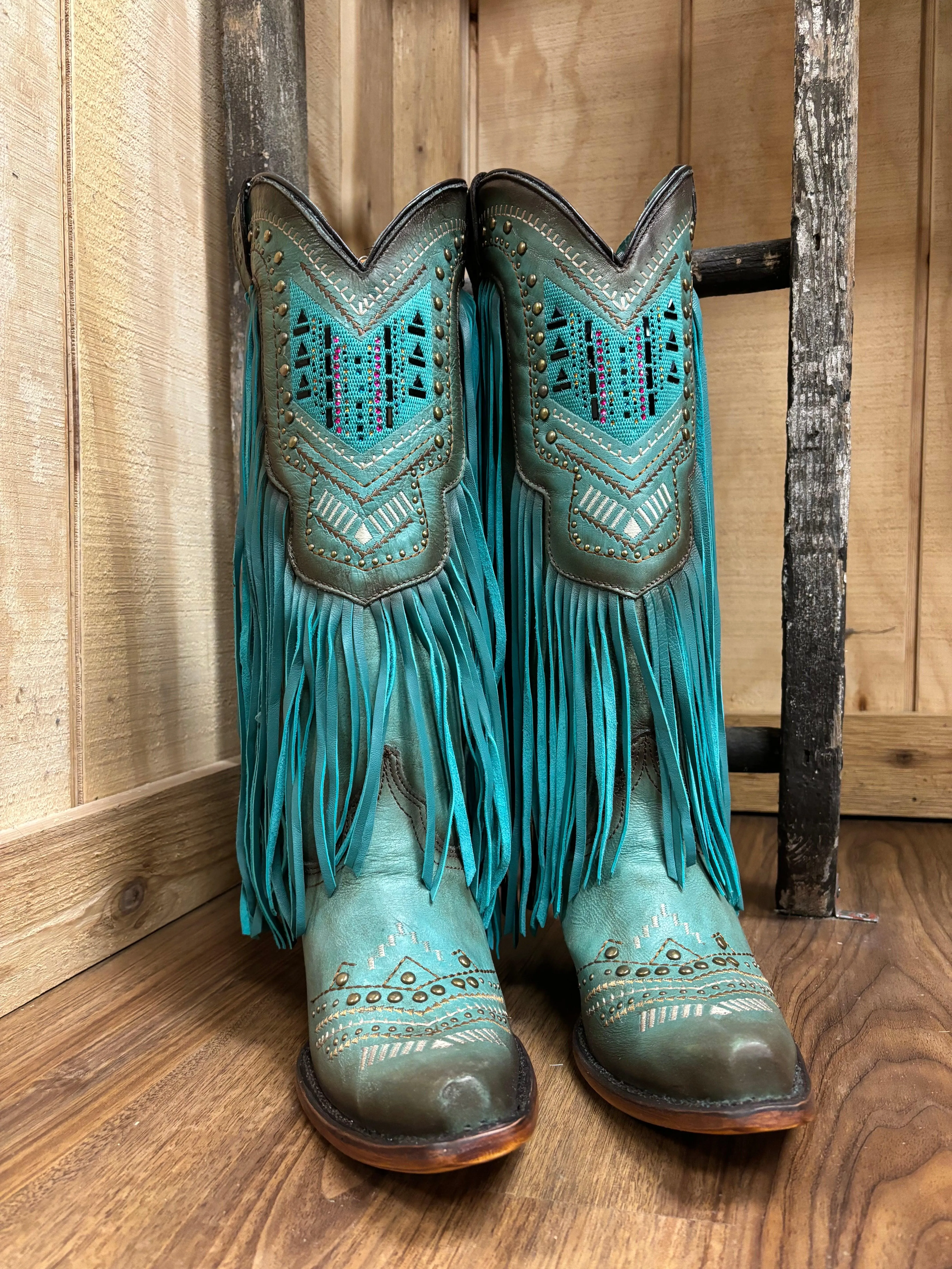 Outdoor Performance Corral Women's Turquoise Crystals & Studs Fringe Snip Toe Cowgirl Boots C4077