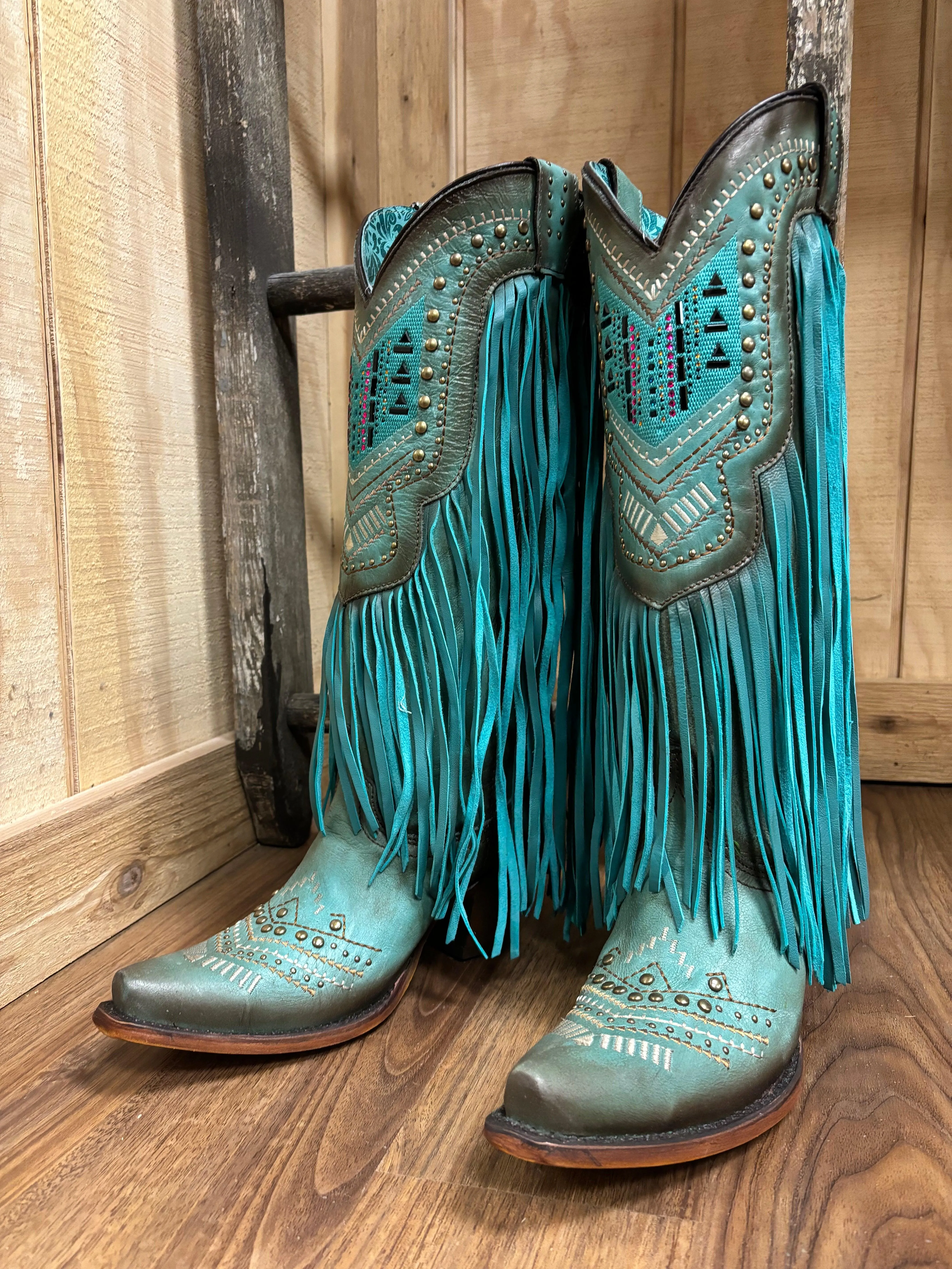 Corral Women's Turquoise Crystals & Studs Fringe Snip Toe Cowgirl Boots C4077 Travel Friendly Versatile Style